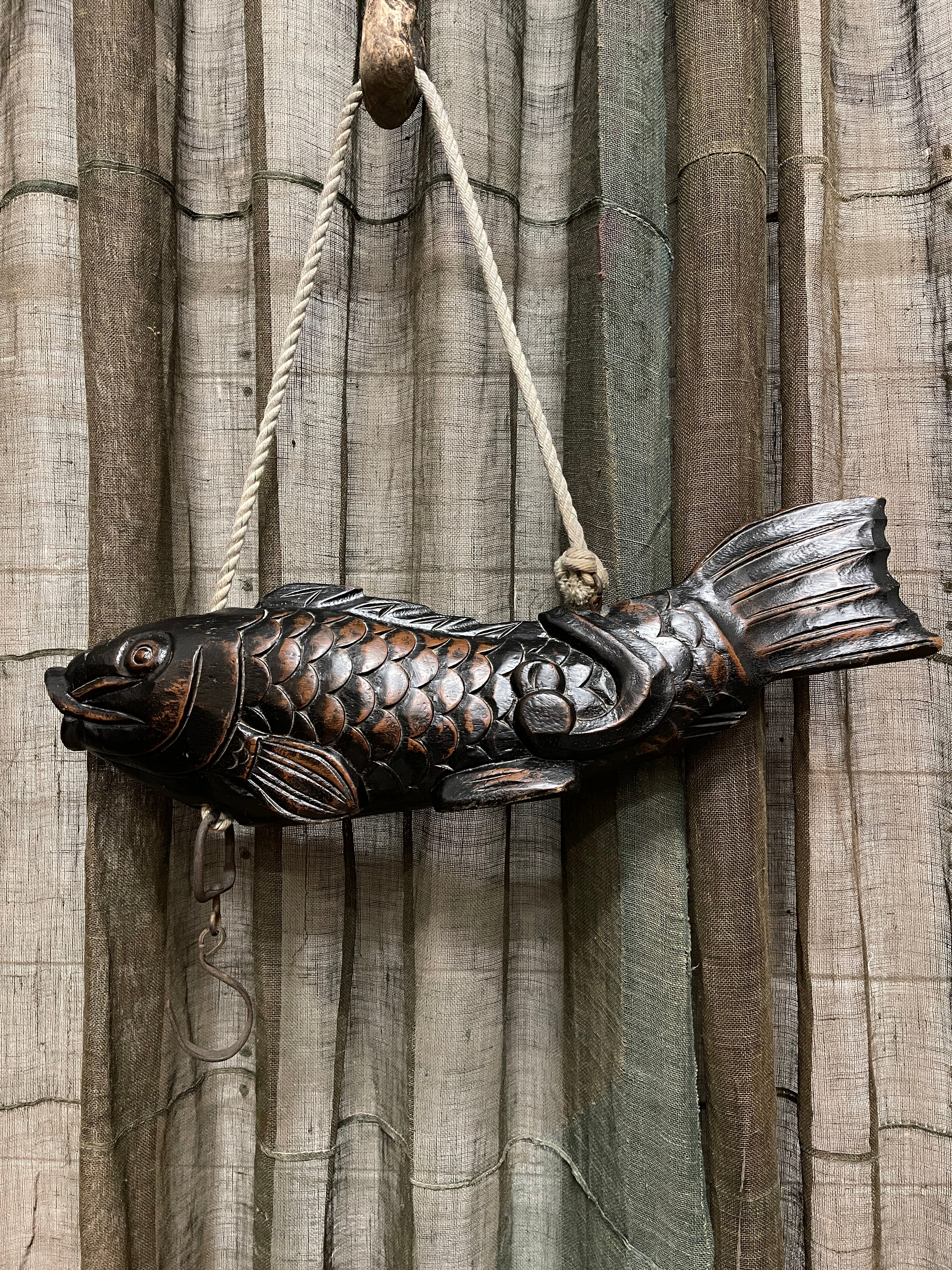 Vintage Japanese Carved Wooden Koi Fish, Jizai Kagi