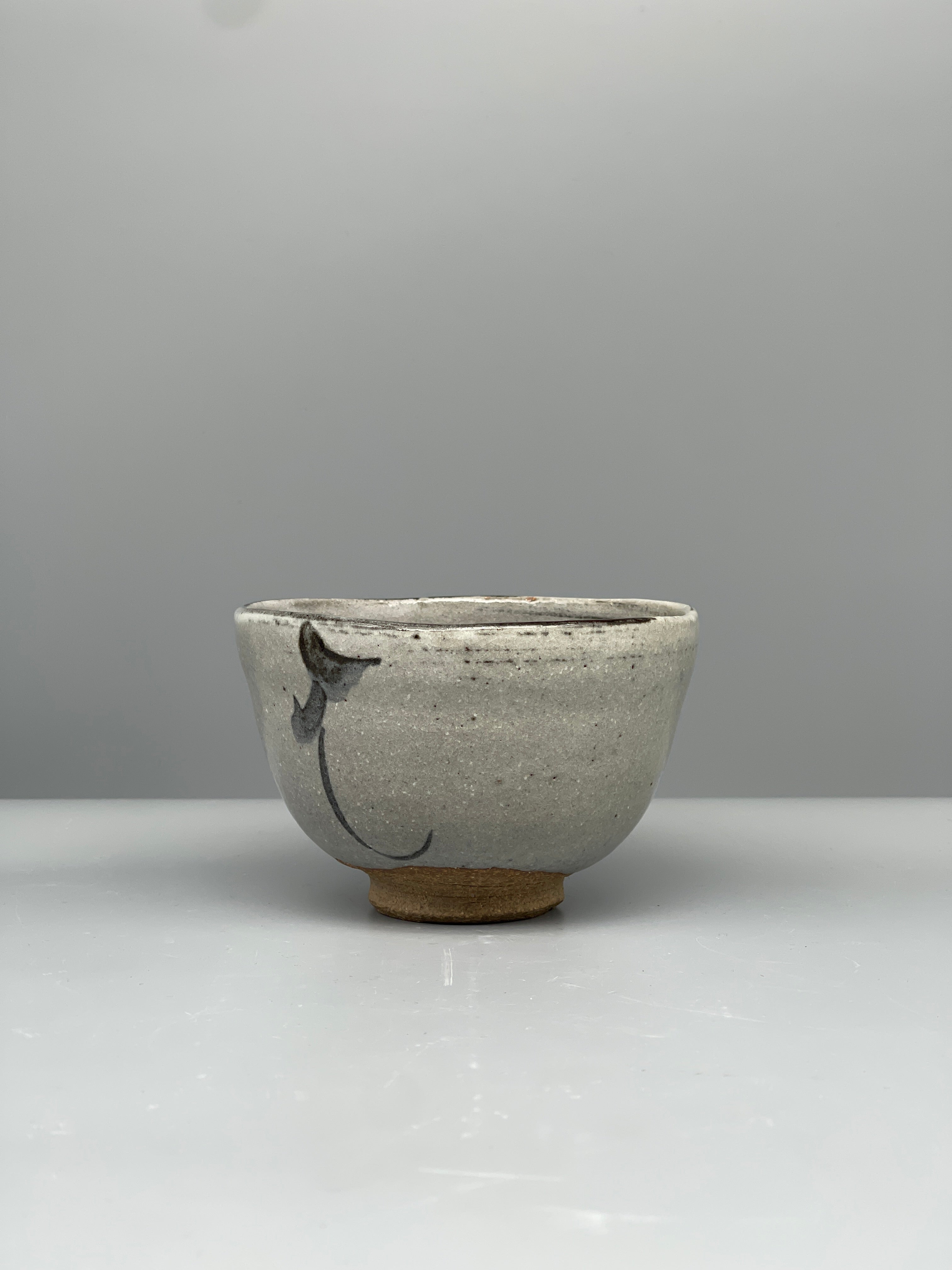 Vintage Japanese Chawan Tea Bowl - Stoneware, Grey Glaze Vine Motif