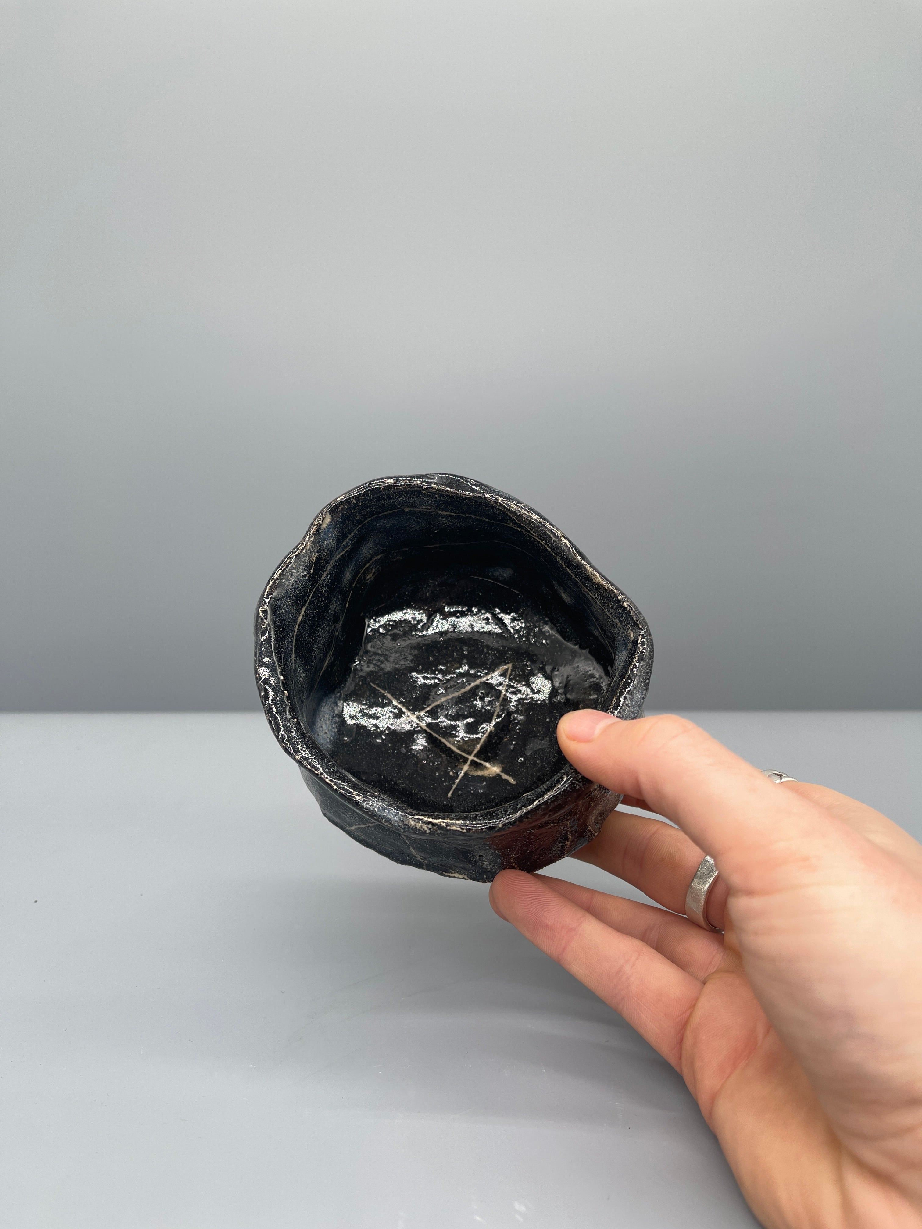 Vintage Japanese Chawan, Tea Bowl - Black Glaze, Geometric Motif