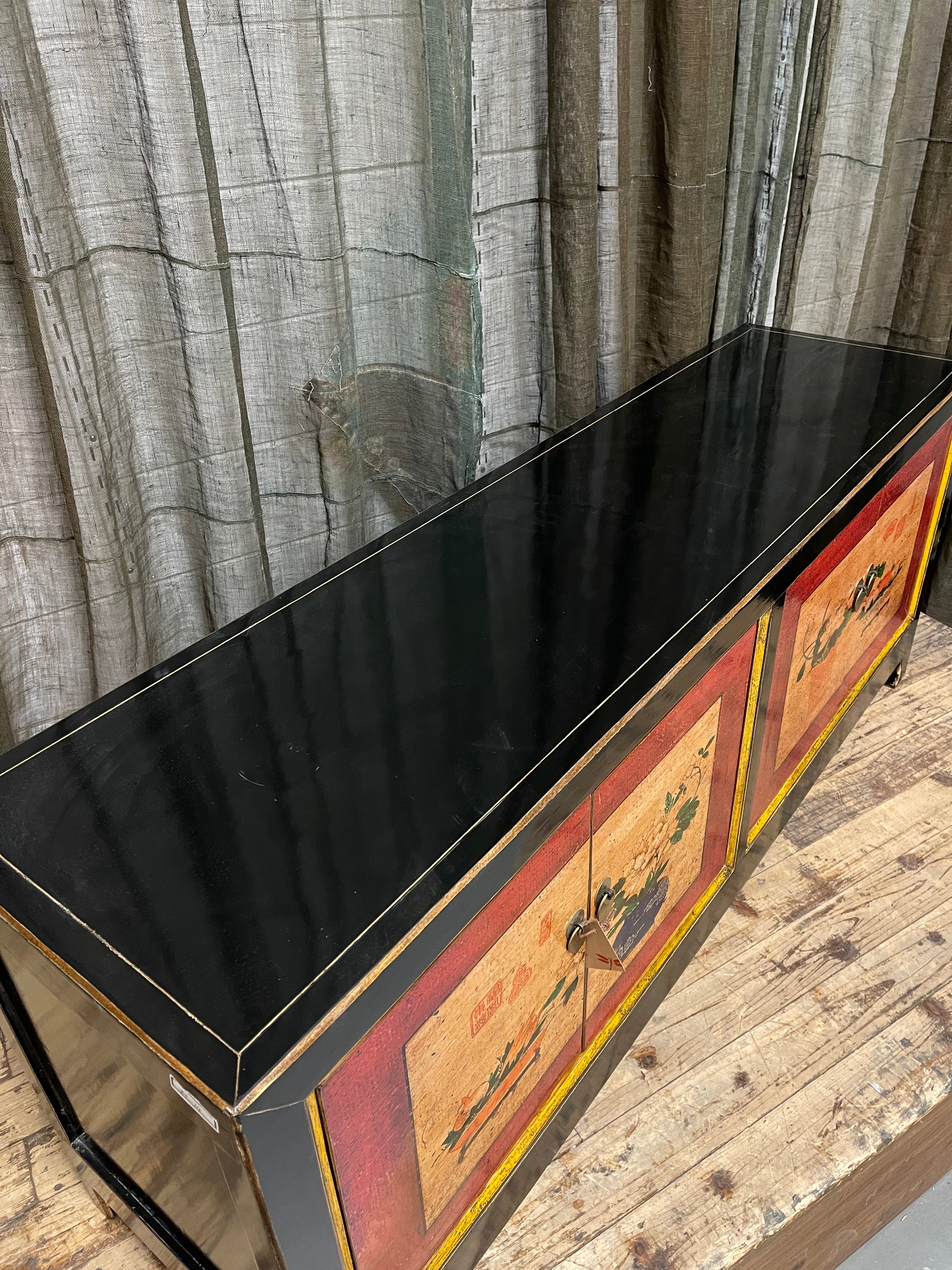 Low Chinese Lacquered Cabinet, Black & Red Motif