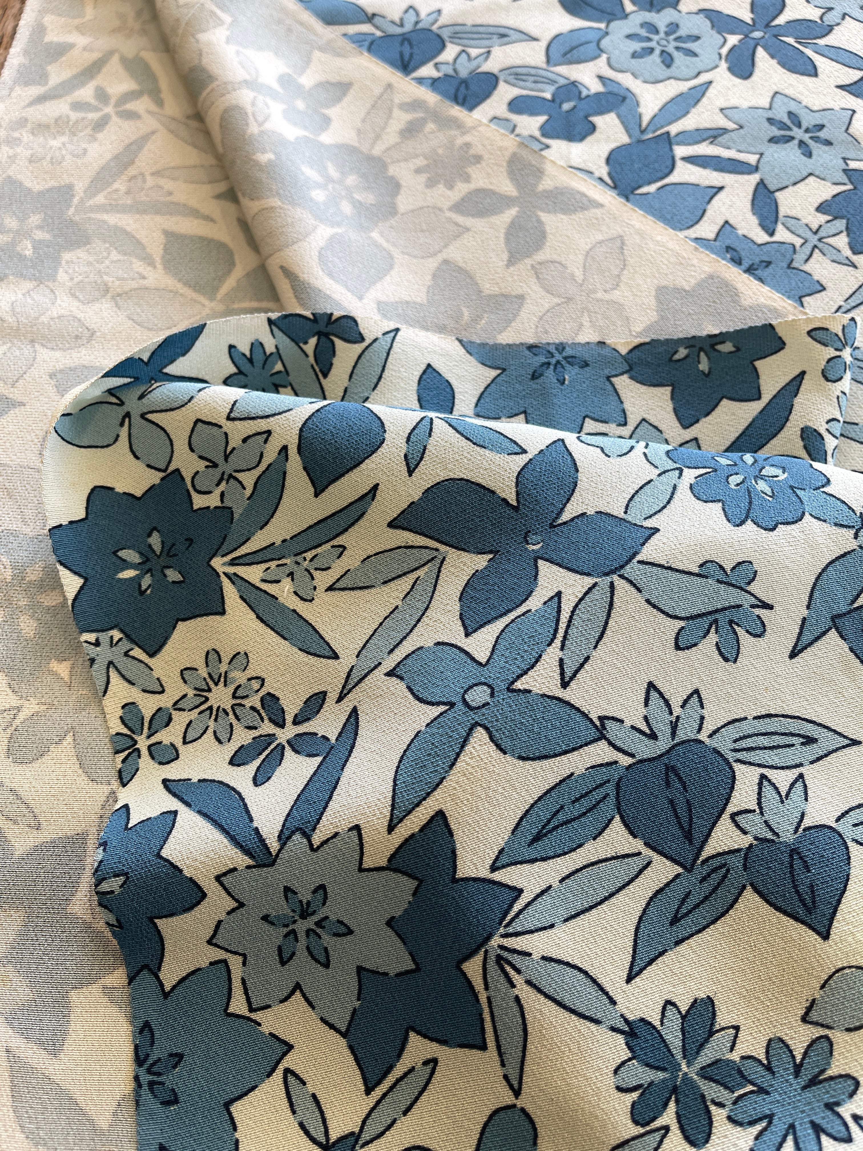 Japanese Silk Fabric, Blue Floral Pattern