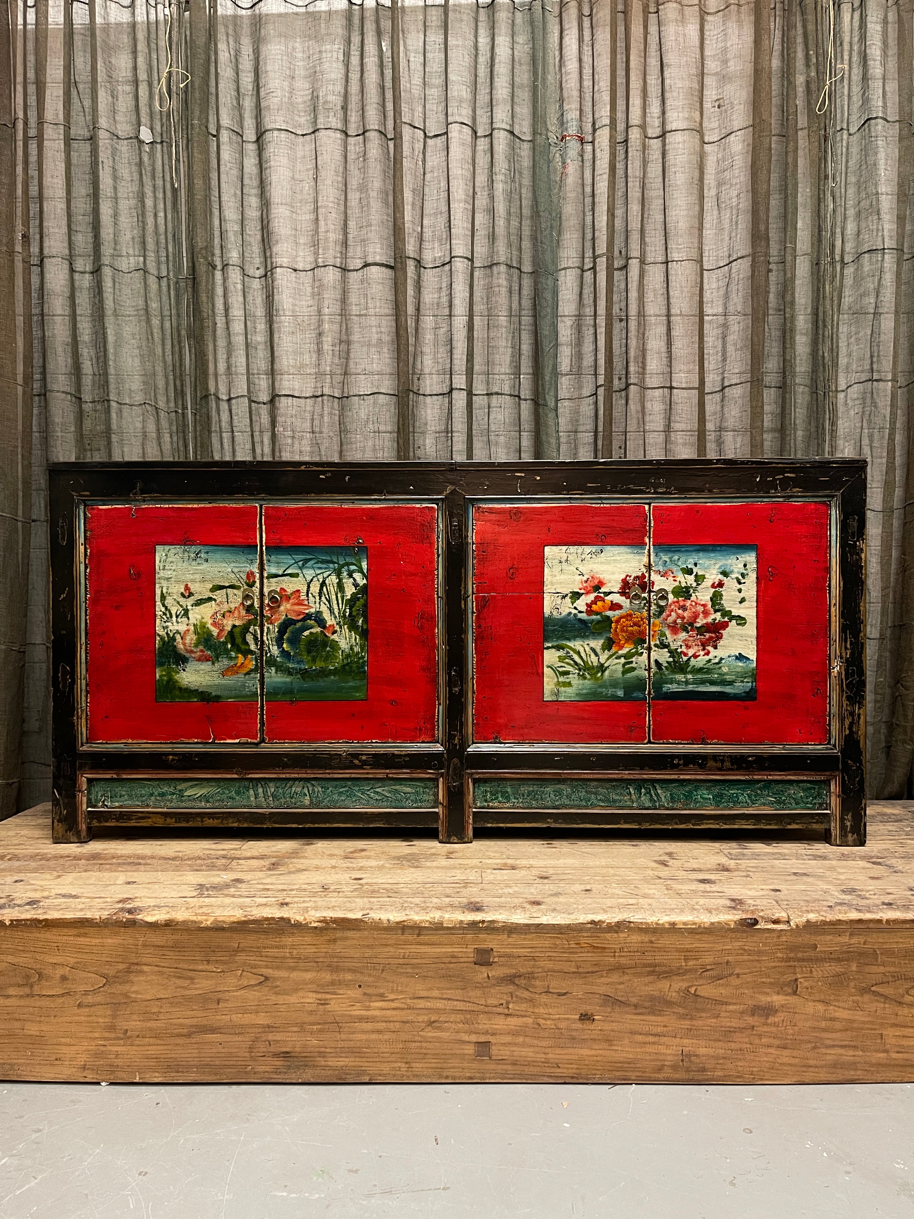 Antique Chinese Sideboard, Original Painted Finish, Floral & Lotus Panels