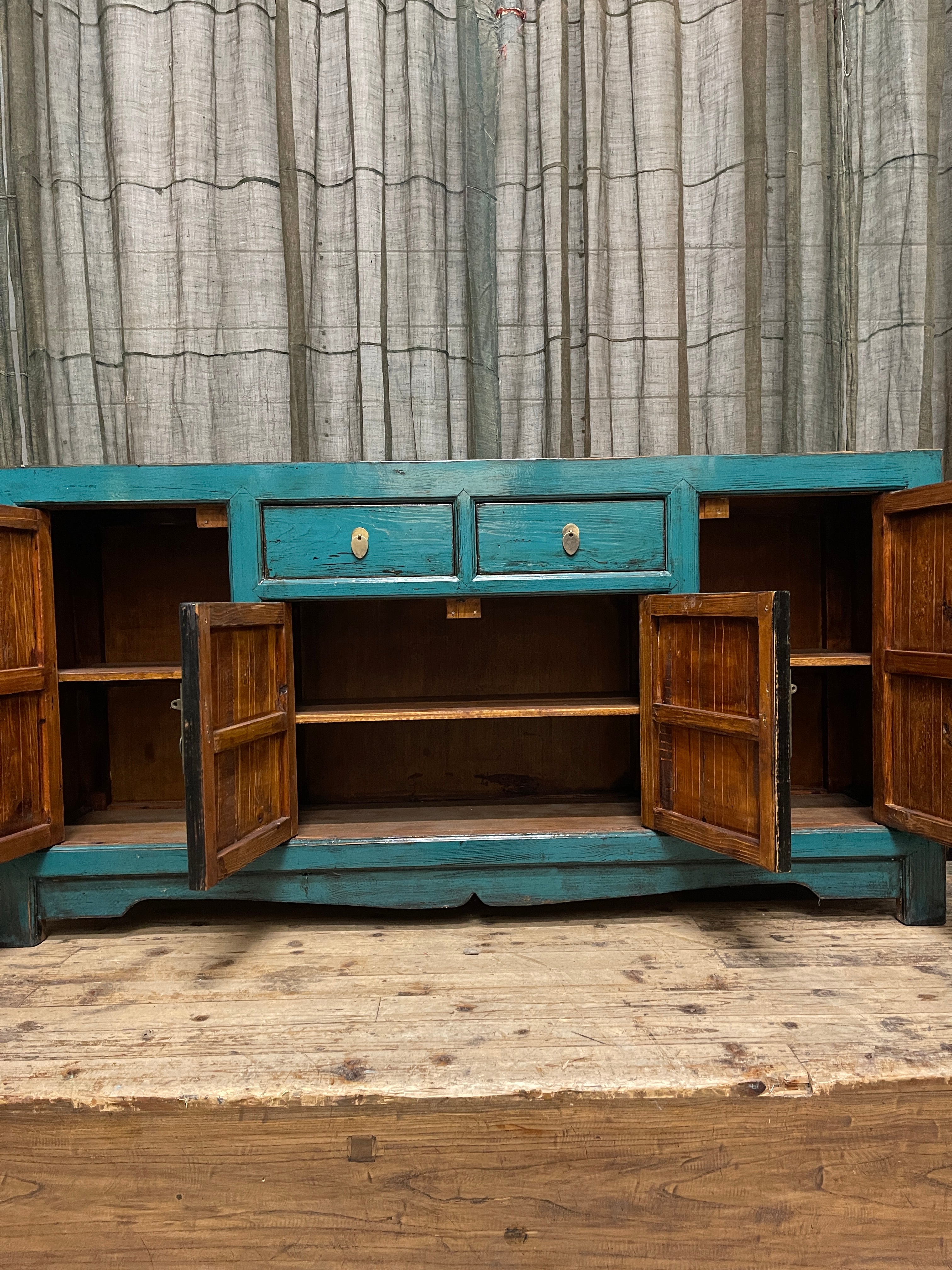 Chinese Teal Lacquered Cabinet, Round Medallion Pull
