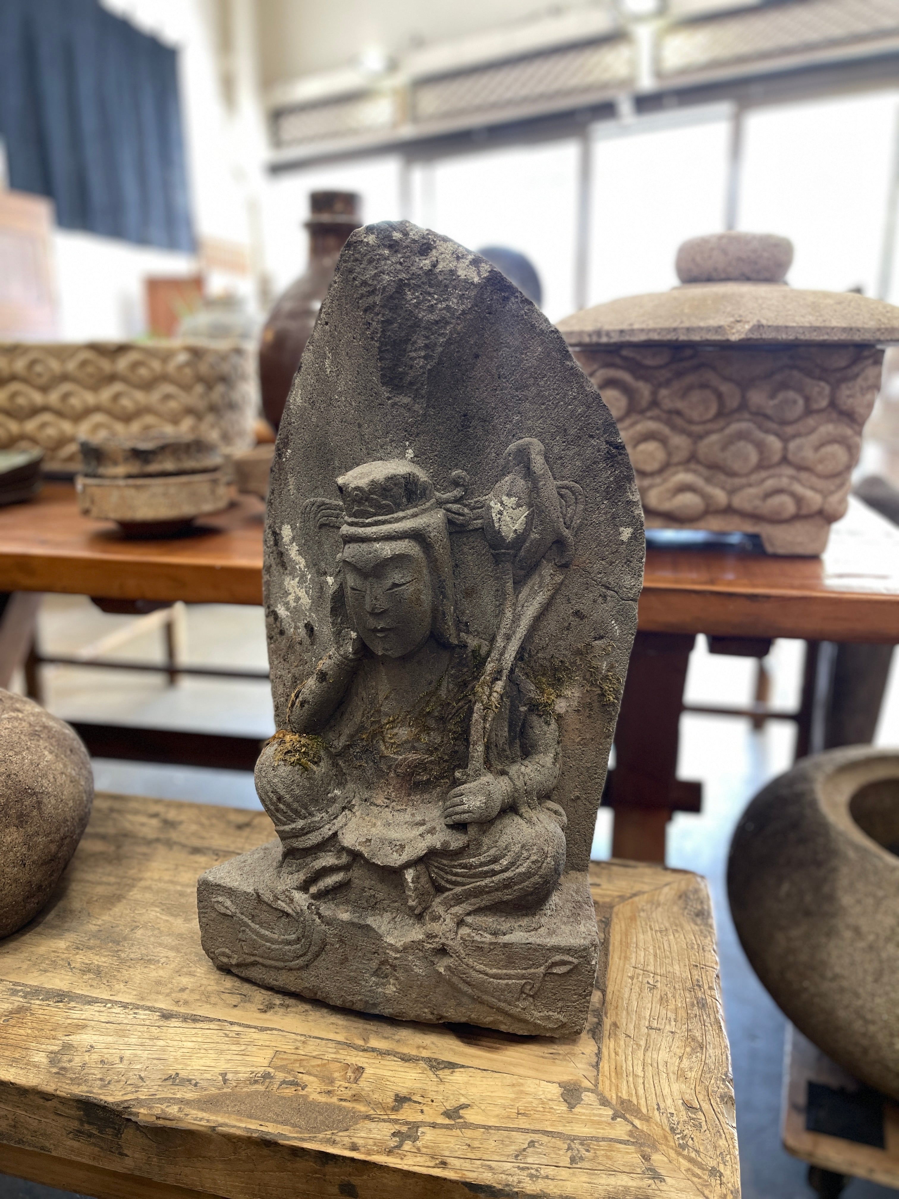 Japanese Stone Carving Statue Of Kannon Bosatsu