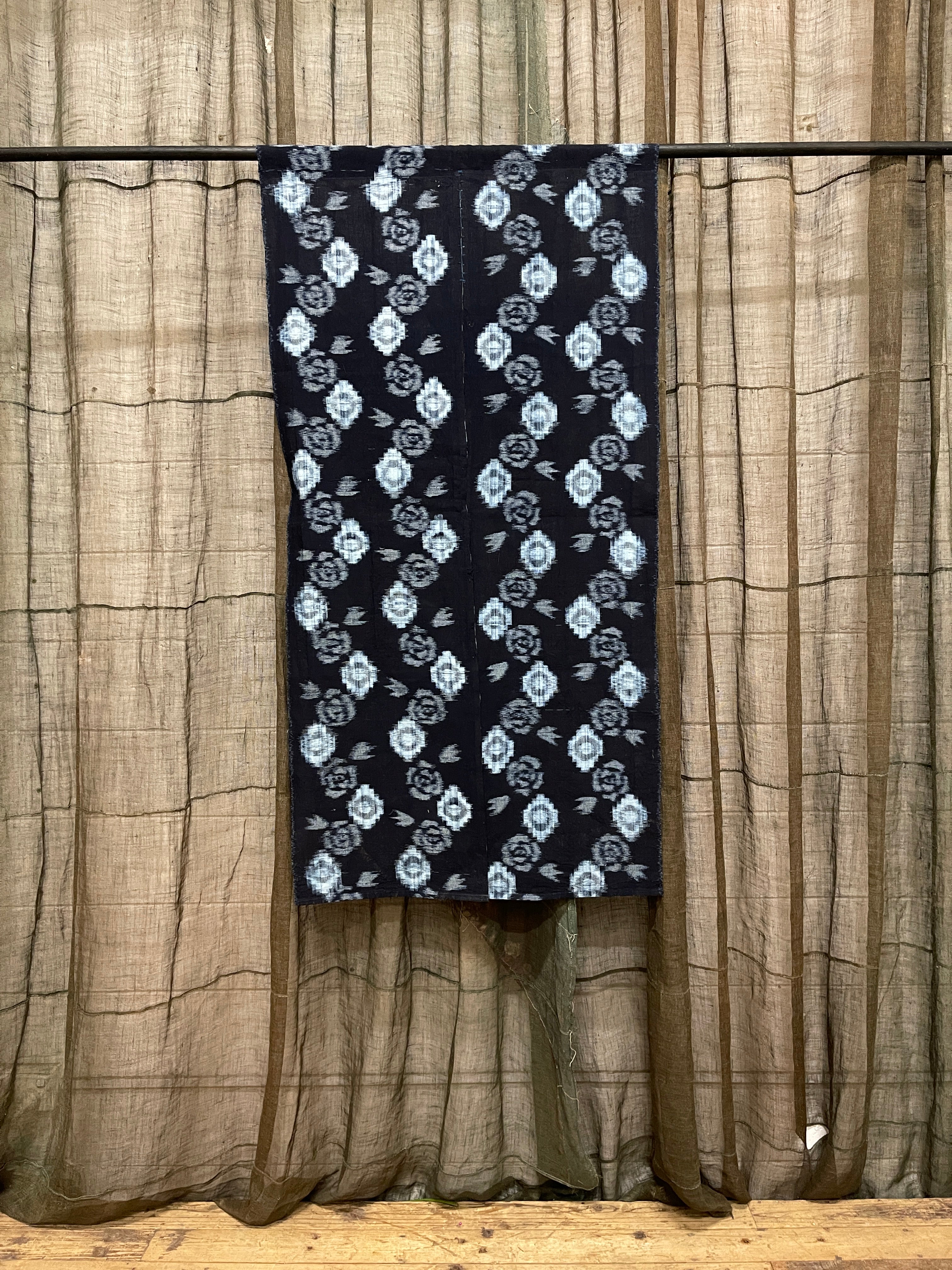 Vintage Japanese Noren - Dark Navy Cotton | Rose Motif