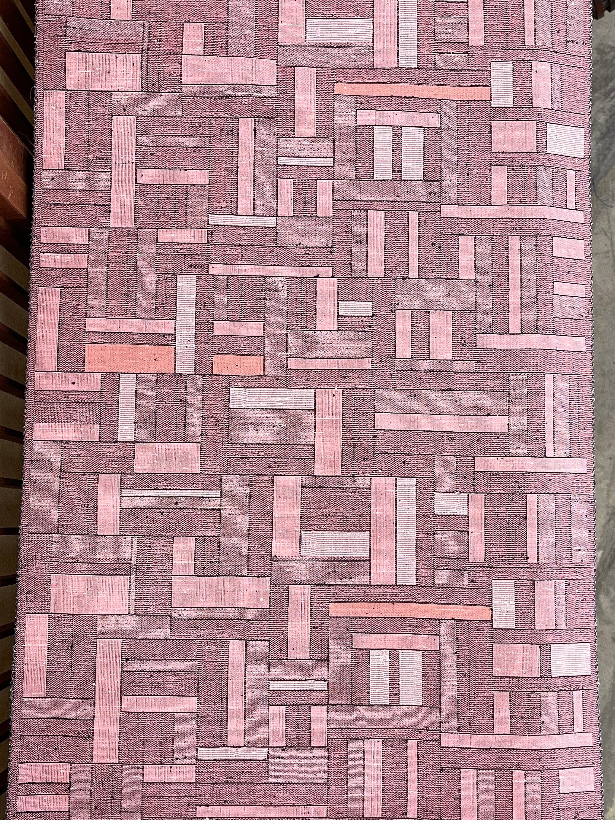 Japanese Tsumugi Silk Fabric, Unique Pink Block Pattern