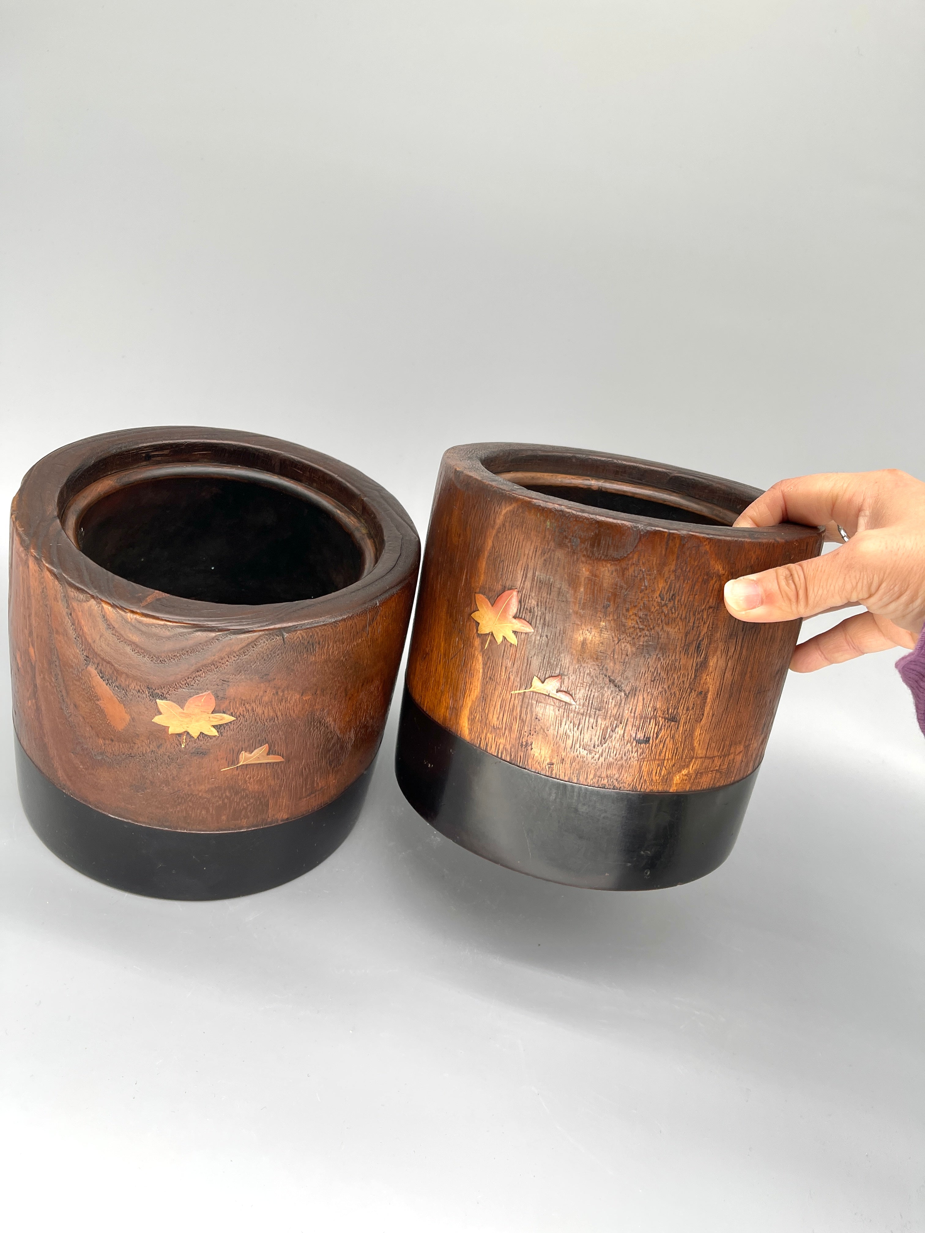 Pair Of Small Japanese Wooden Hibachi, Charcoal Brazier