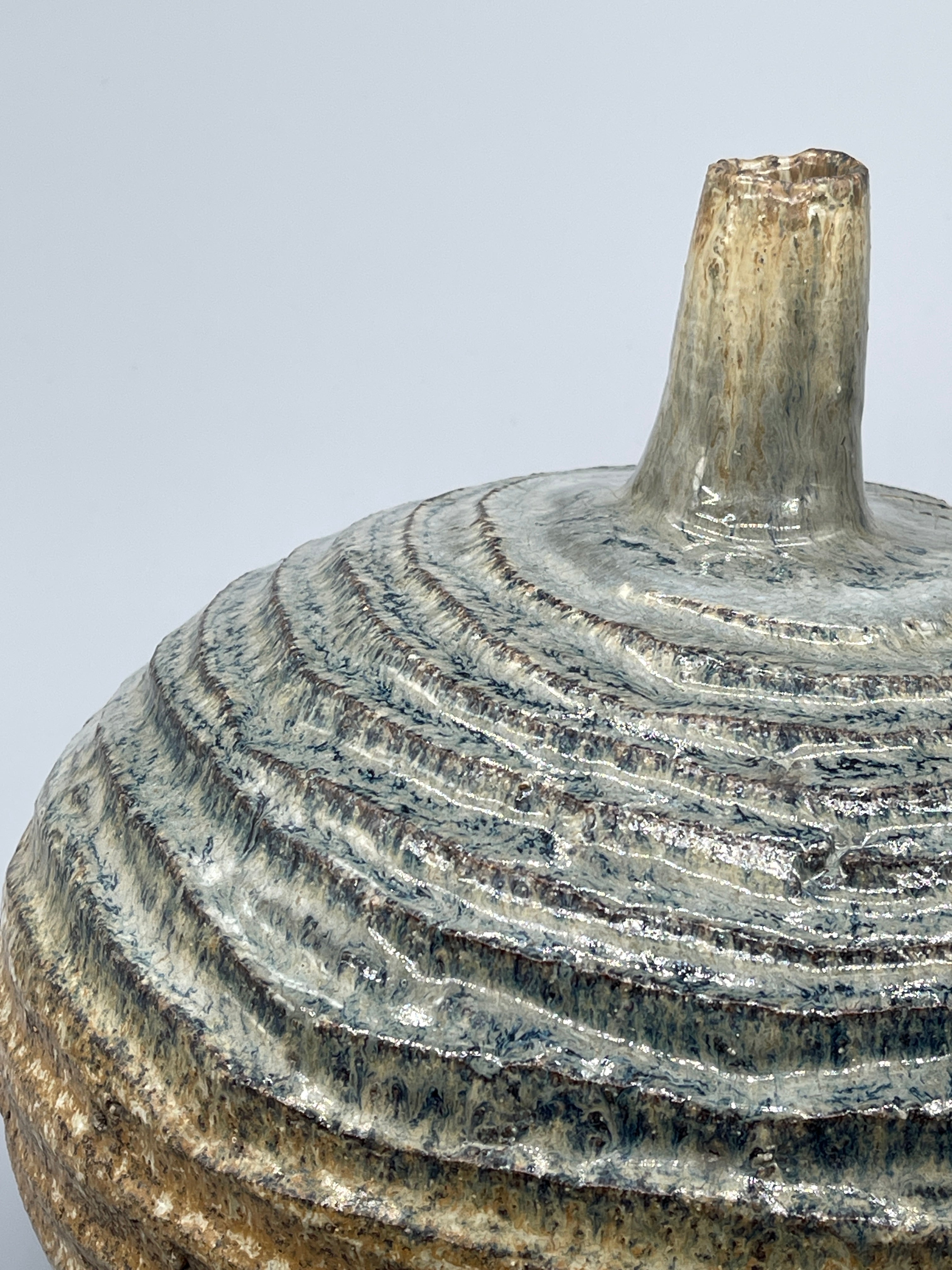 Large Vintage Japanese Ikebana Vase - Earthy Green & Blue Glaze