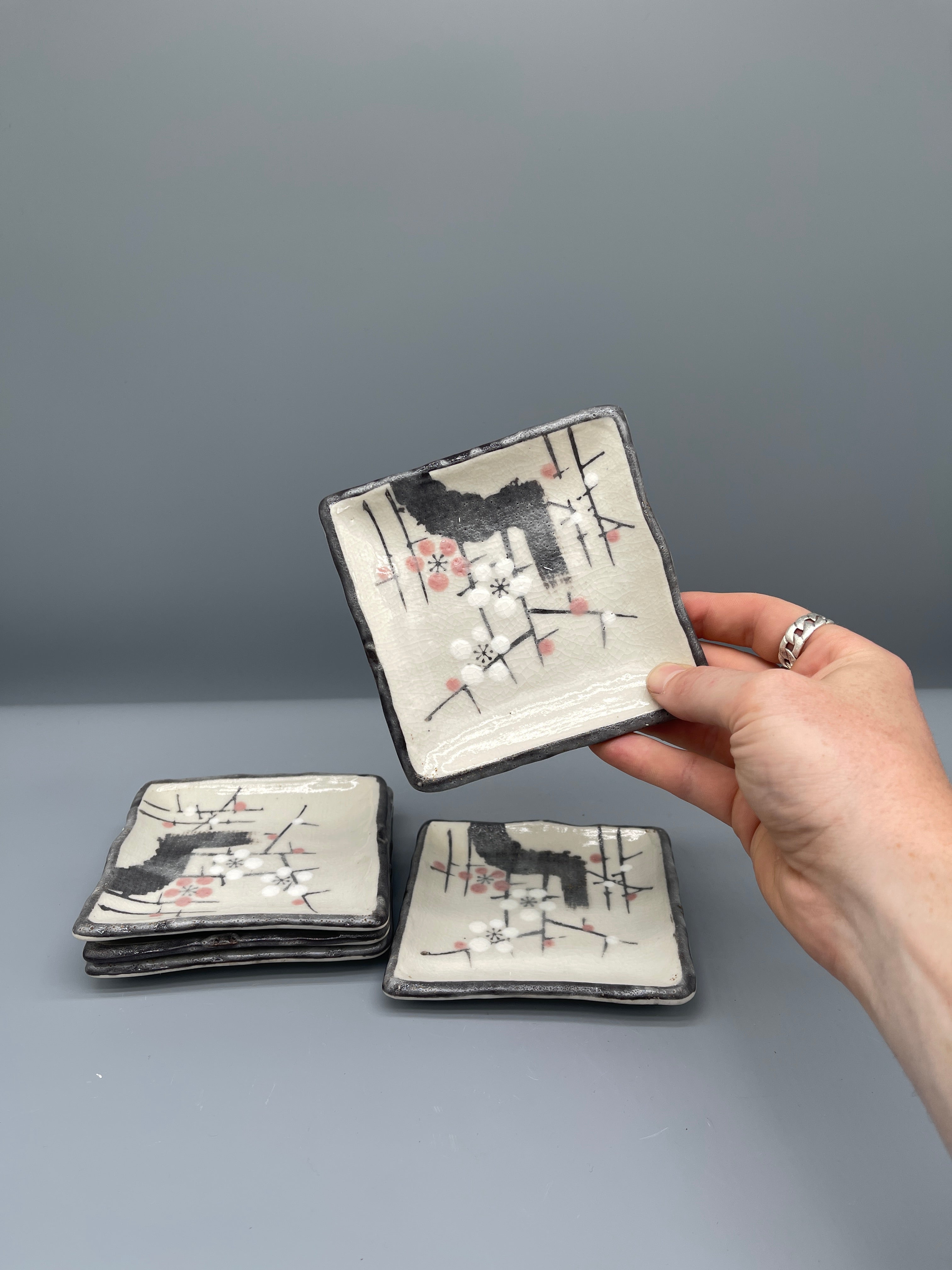 Set of Five Square Vintage Japanese Side Plates - Blossom Motif