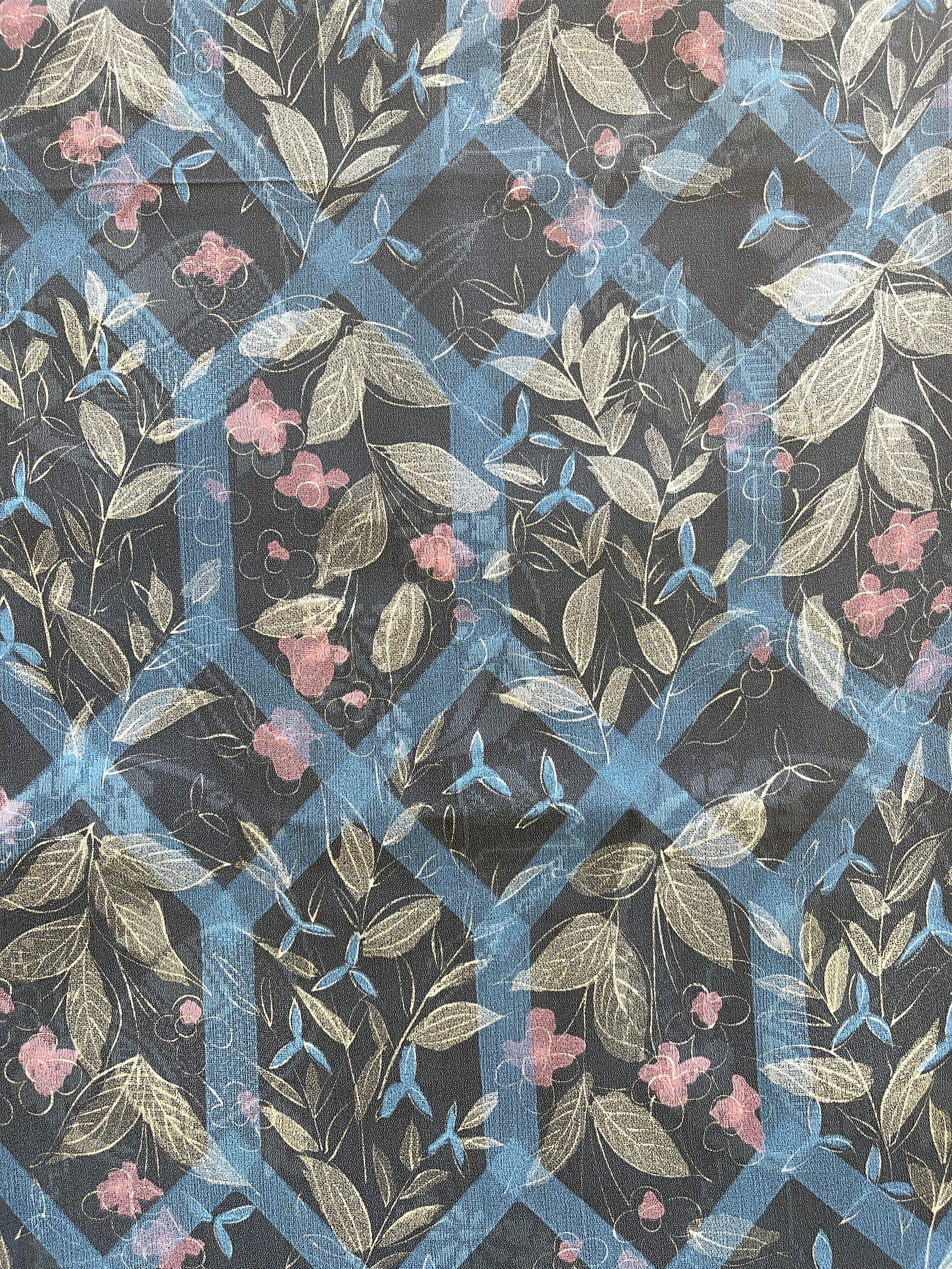 Japanese Silk Fabric, Black with Floral and Geometric Patterns