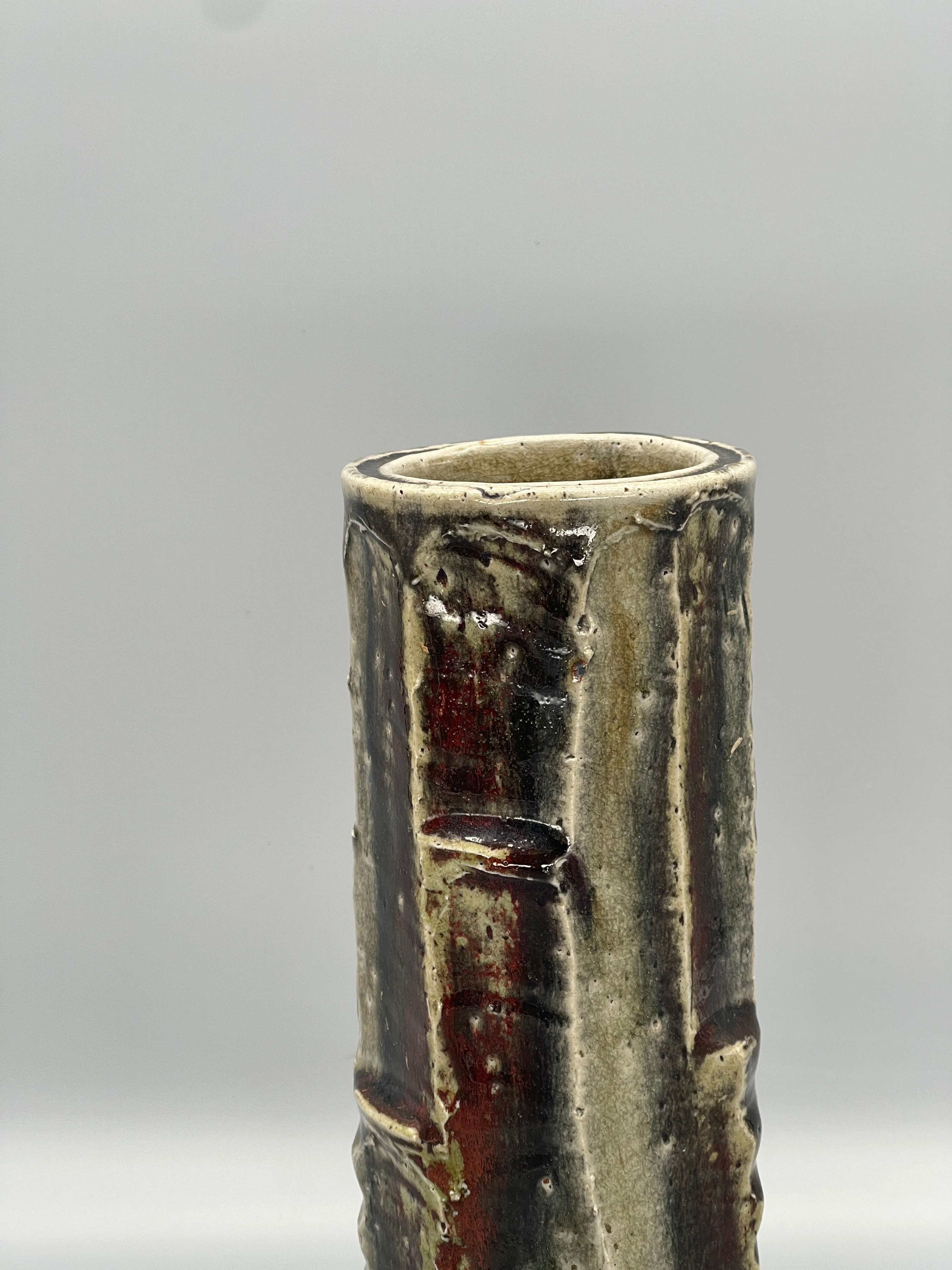Vintage Japanese Ikebana Vase - Rough Brown & Grey Glaze