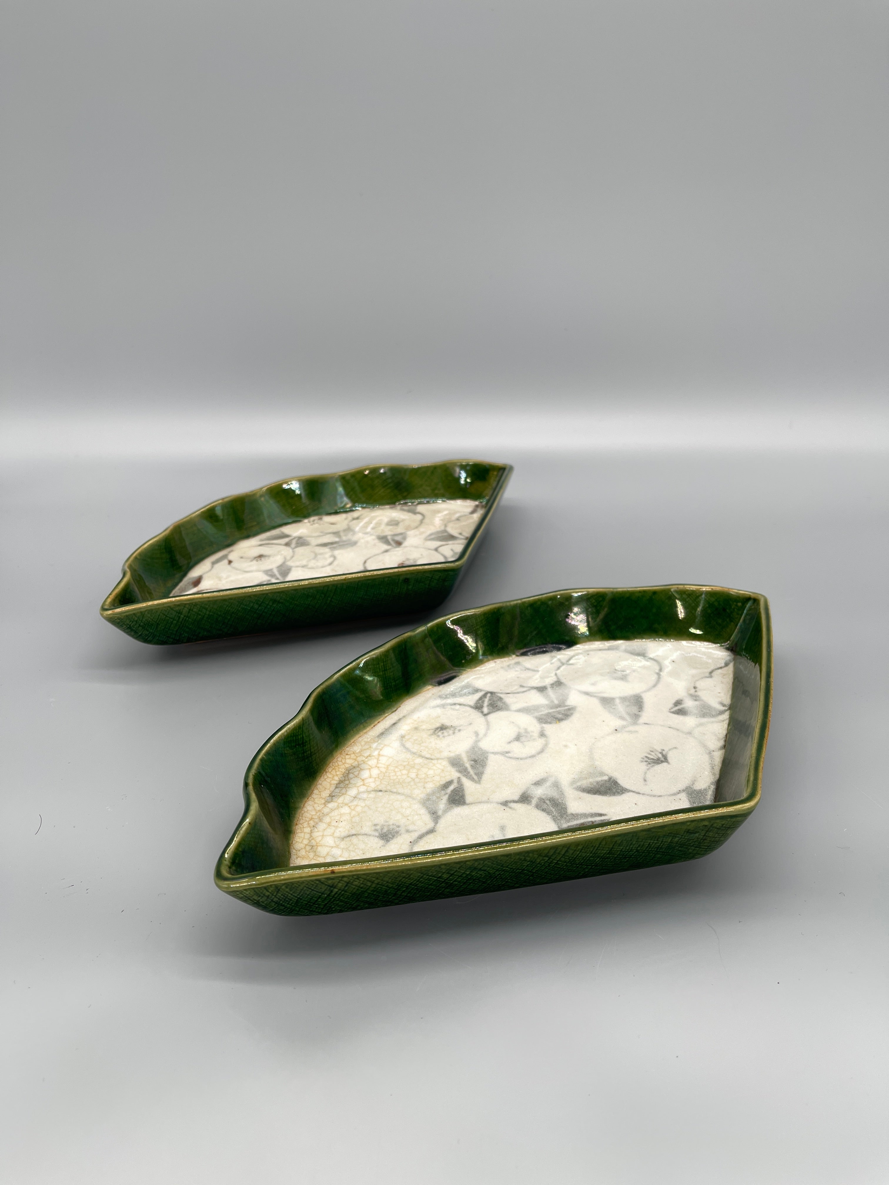 Vintage Japanese Fan Shape Serving Plates, Oribe Glaze