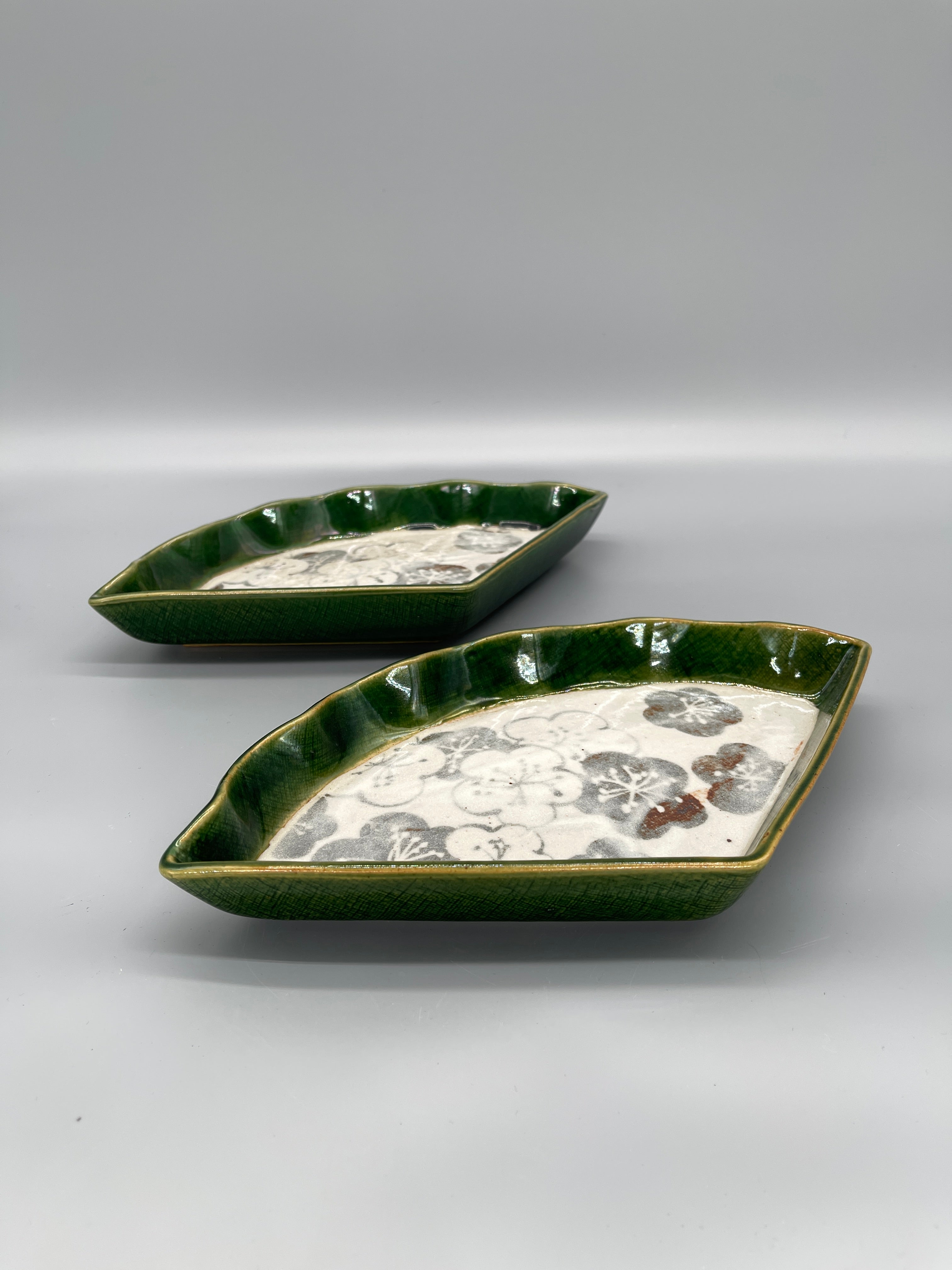 Vintage Japanese Fan Shape Serving Plates, Oribe Glaze