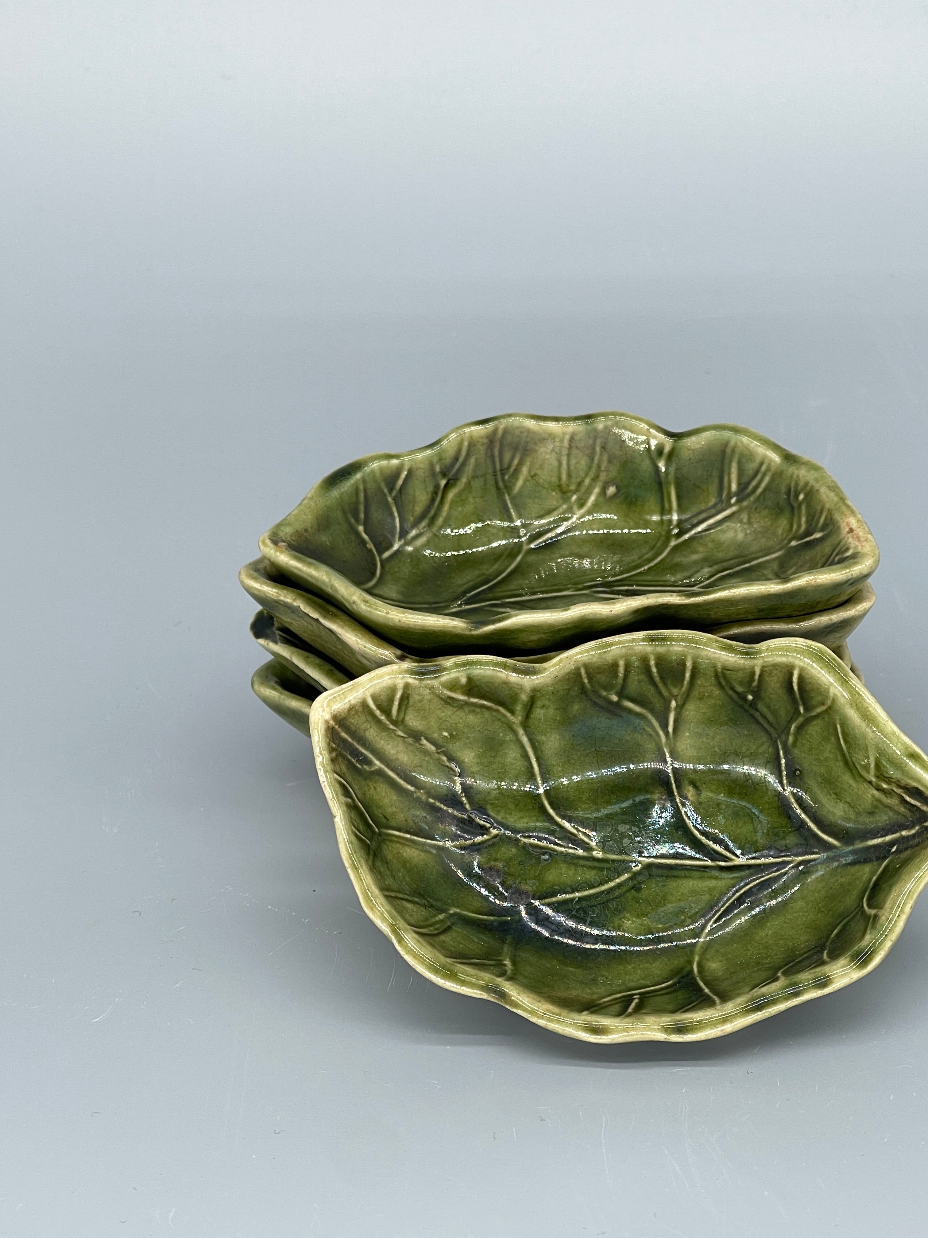 Set of Vintage Japanese Small Side Plates, Green Glazed Leaf Shape
