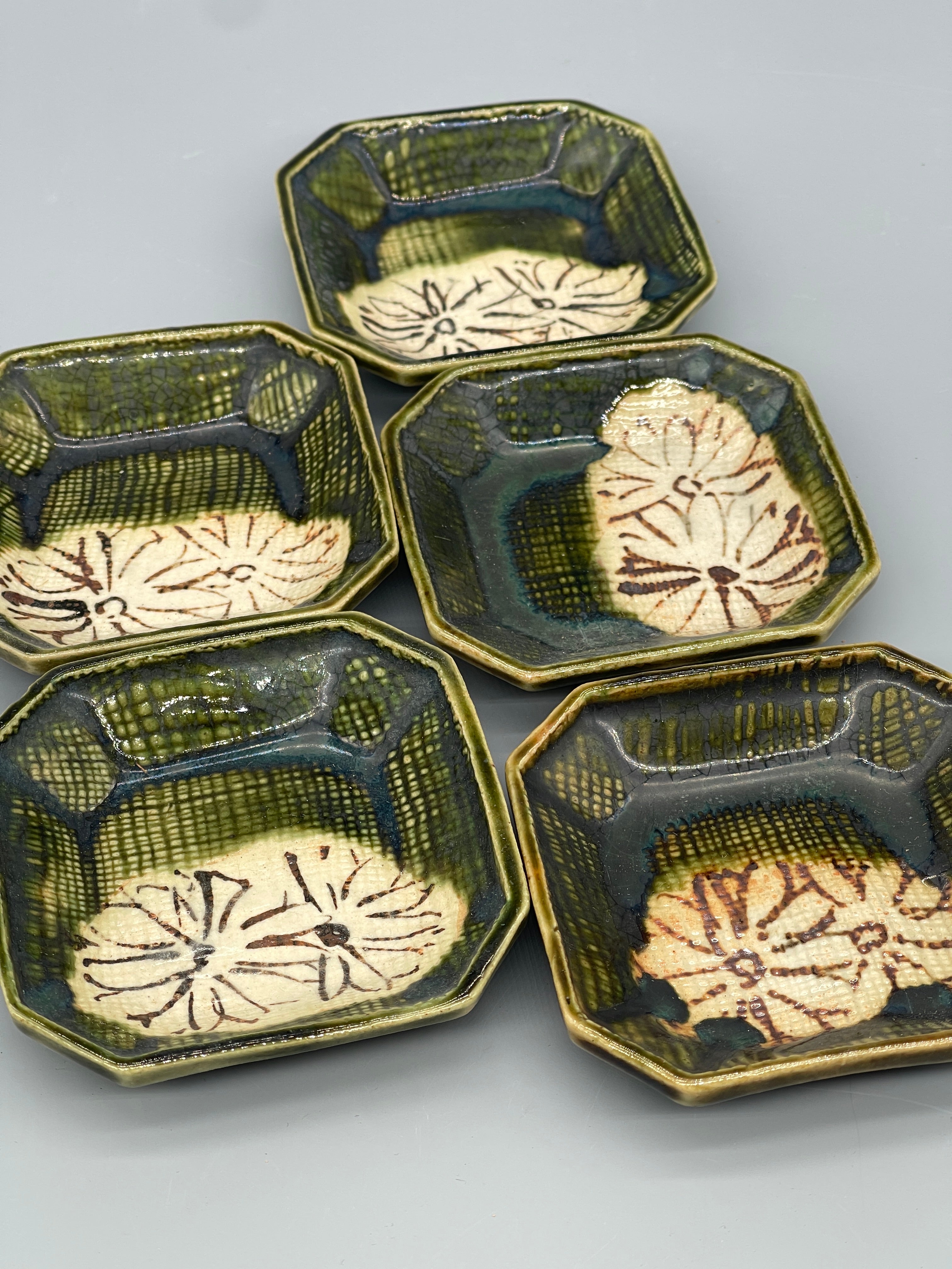 Set of Vintage Japanese Small Side Dish Plates, Oribe Glaze