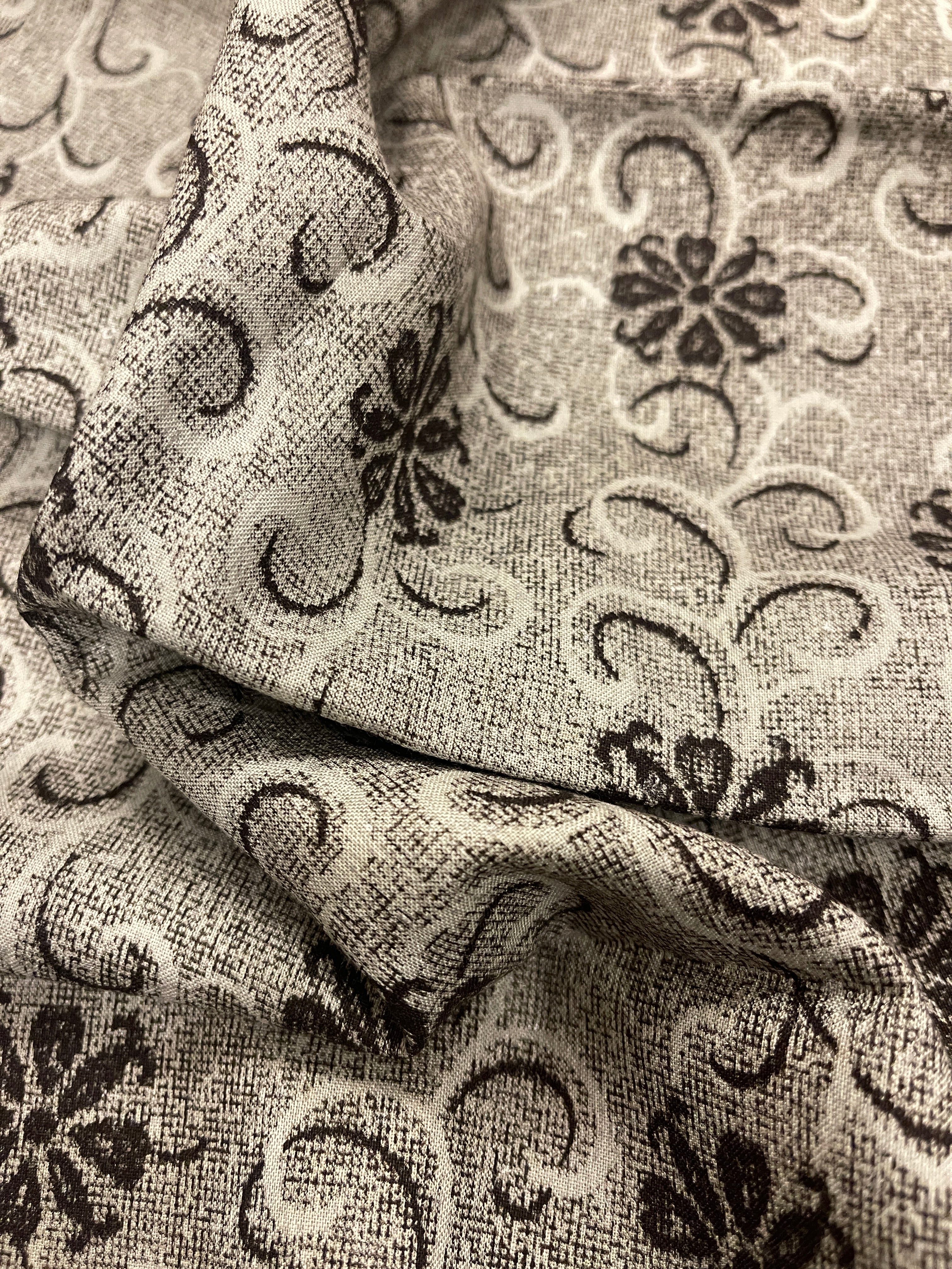 Japanese Silk Fabric Black & Grey Flower Print