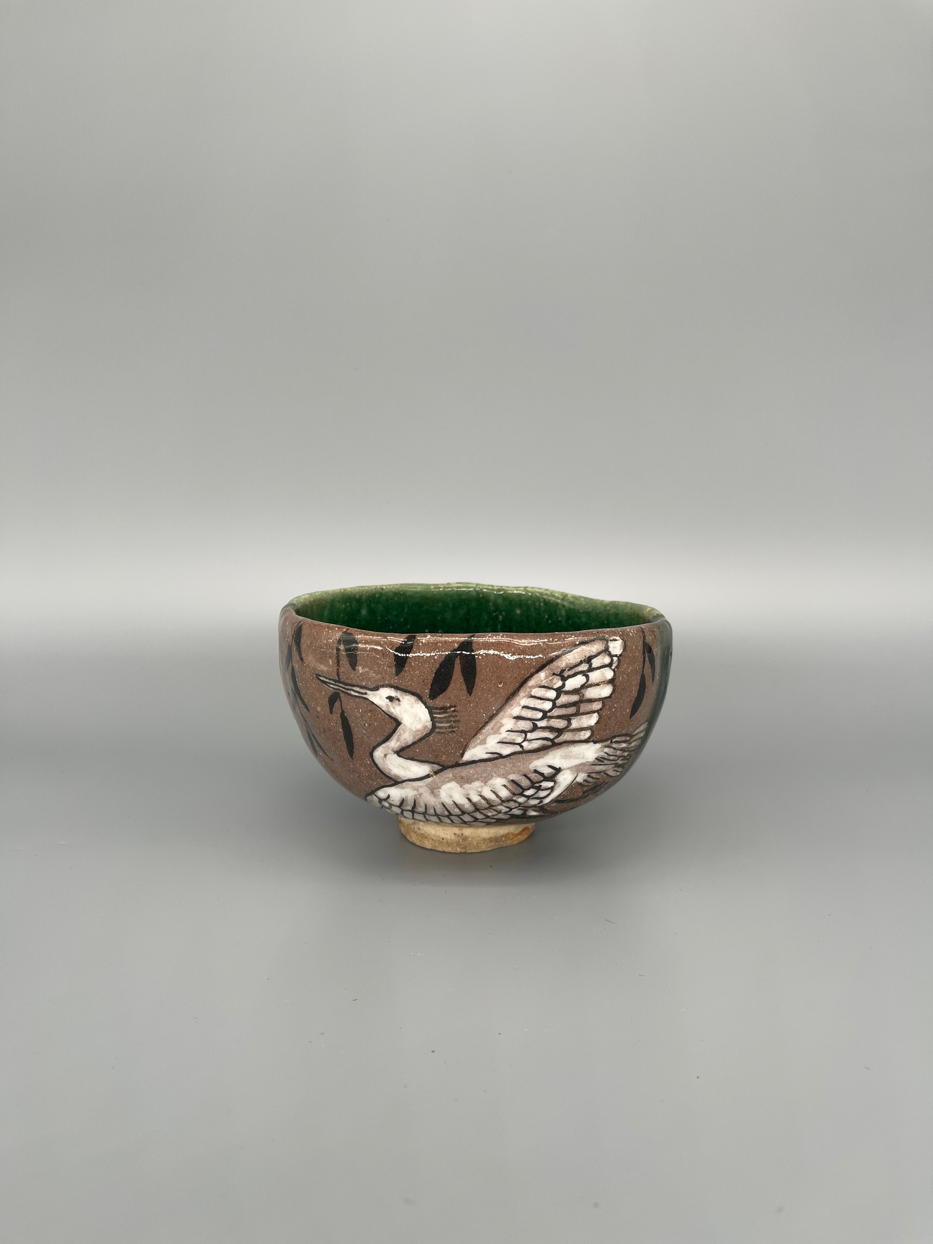 Vintage Japanese Matcha Bowl, Chawan - Crane Motif