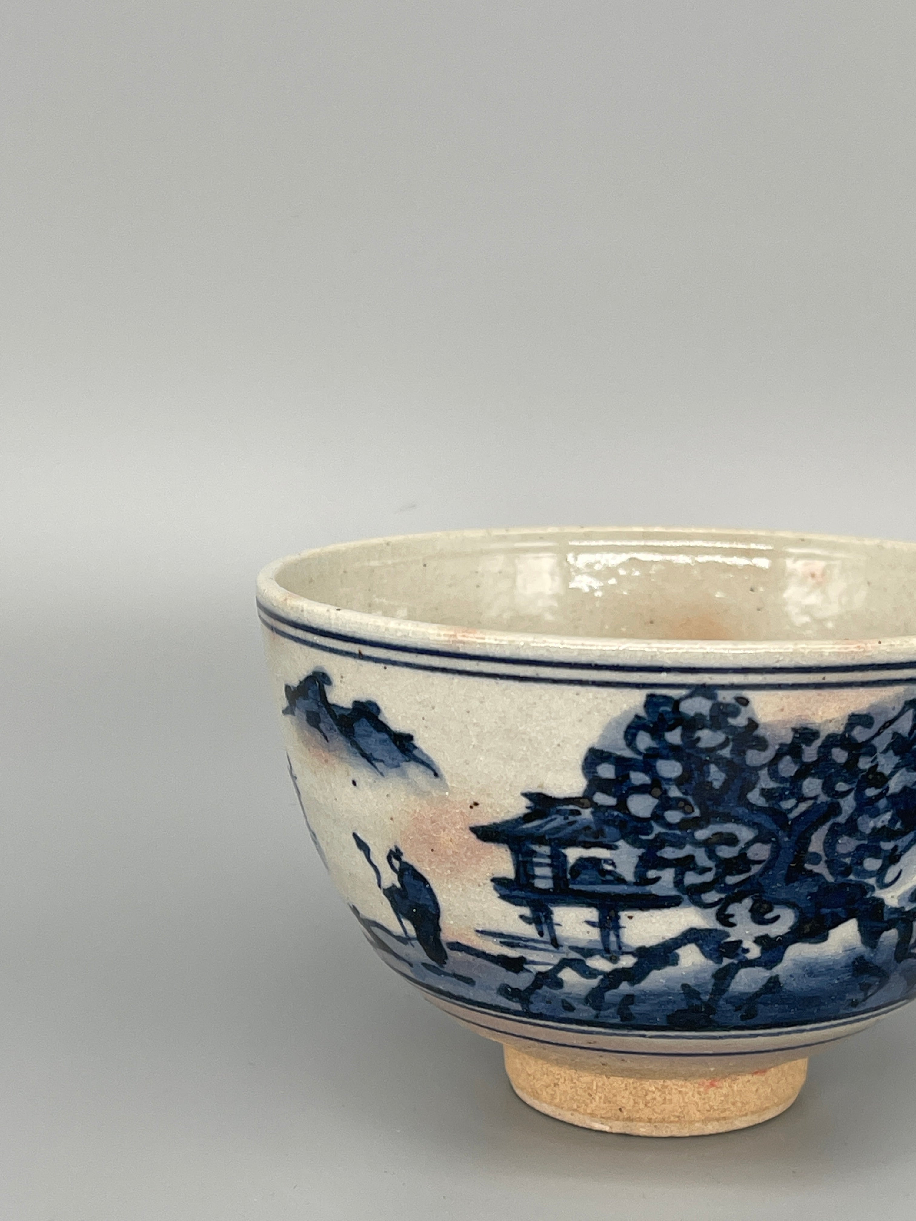 Vintage Japanese Matcha Bowl, Chawan - Blue & White Painted Motif
