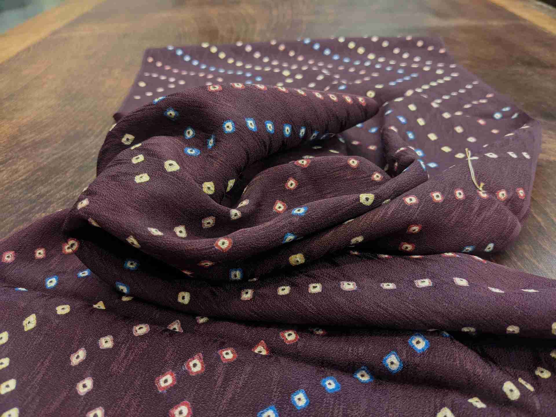 Japanese Silk Fabric, Dark Plum with Multi-coloured Shibori