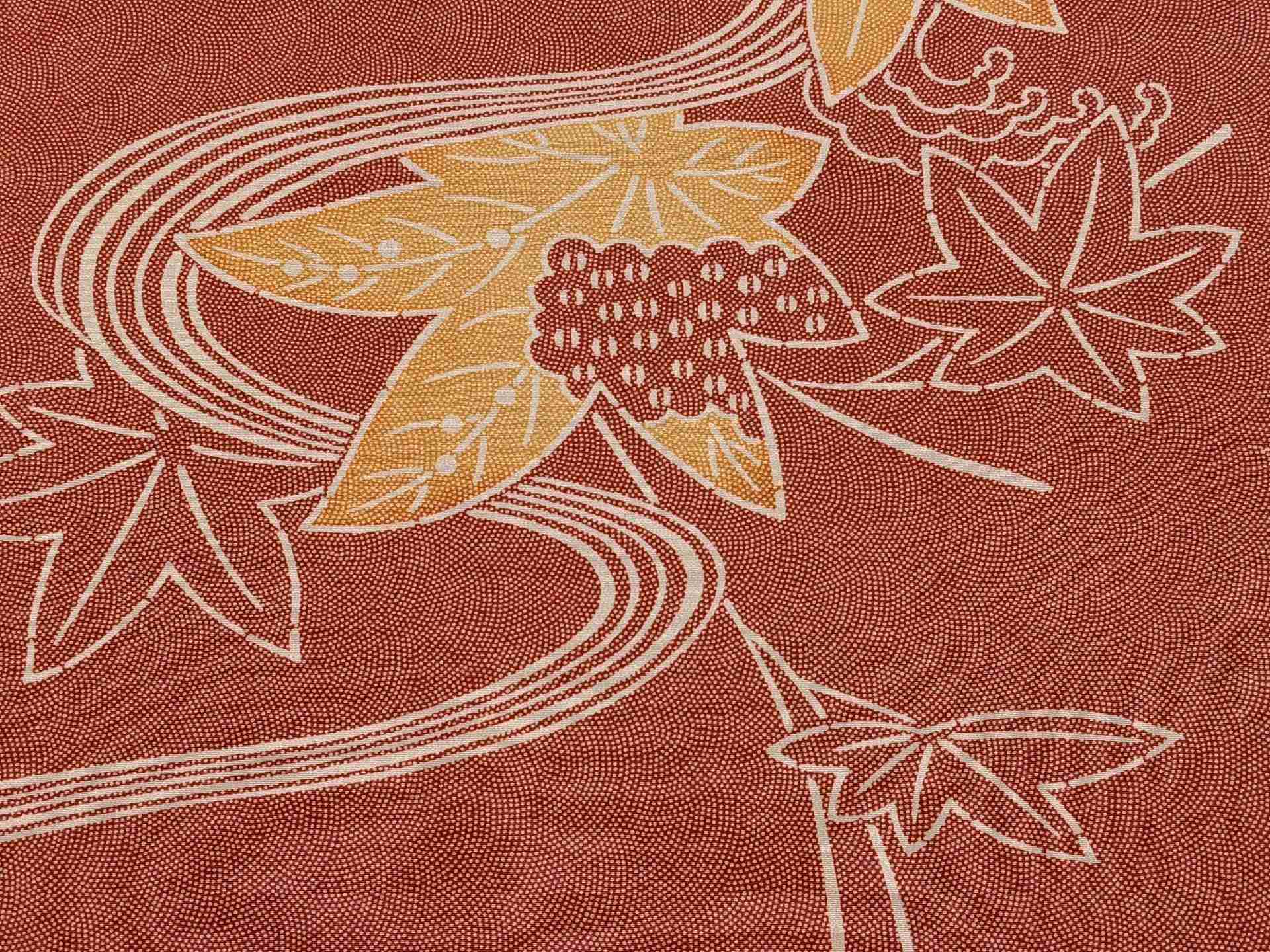 Japanese Silk Fabric, Red with Dotted Floral Pattern.