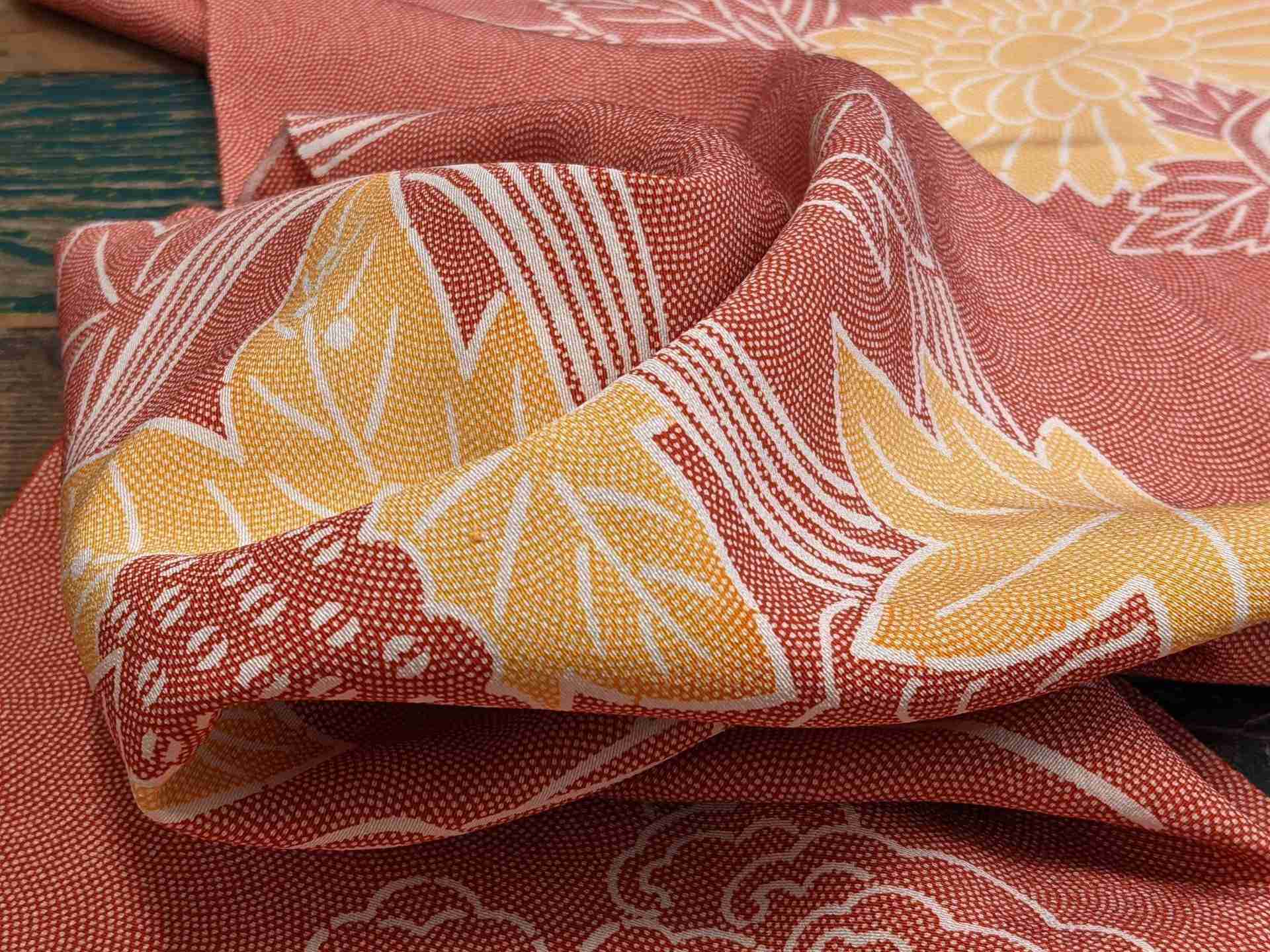 Japanese Silk Fabric, Red with Dotted Floral Pattern.