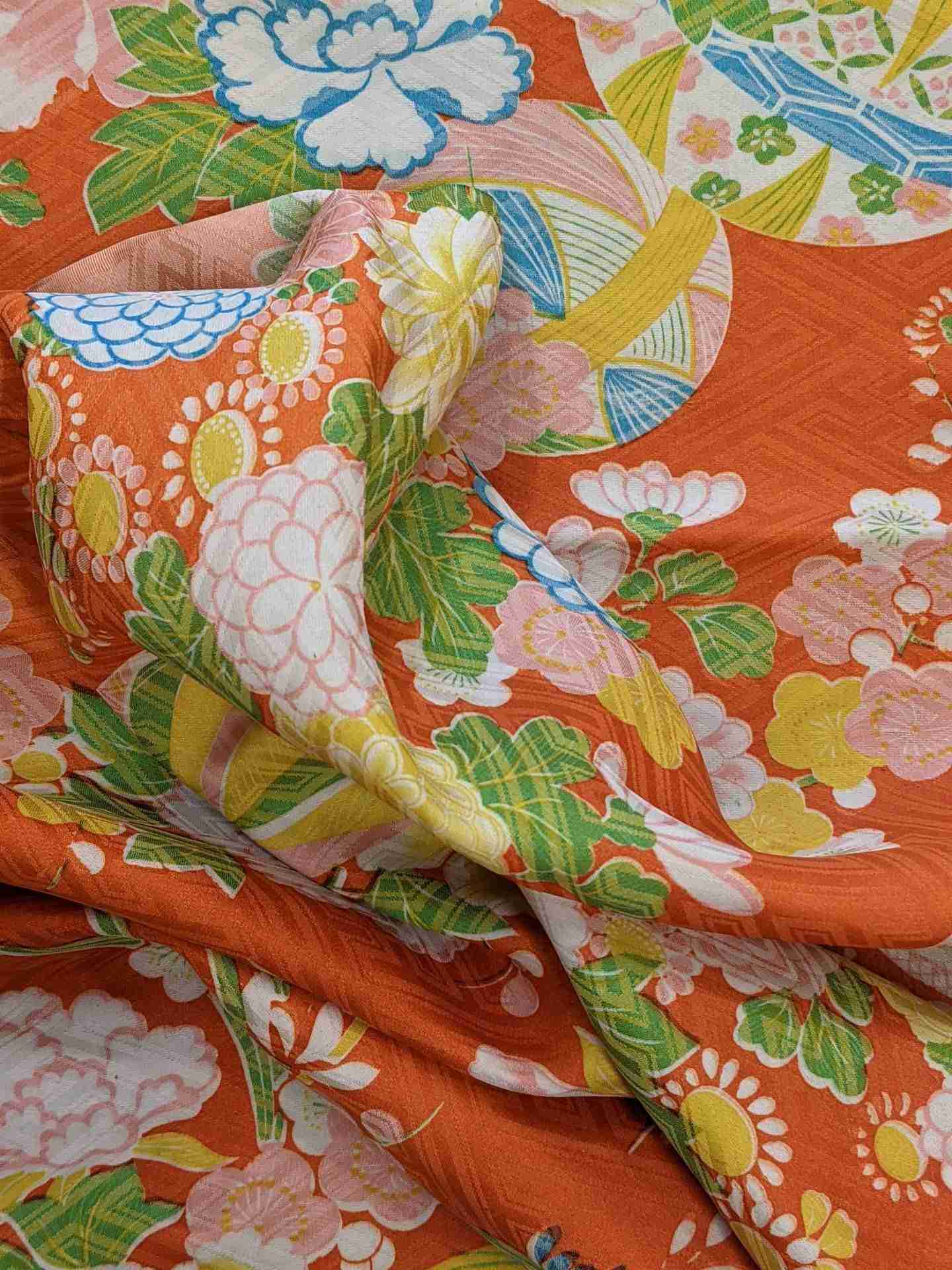 Japanese Silk Fabric, Orange with Colourful Florals