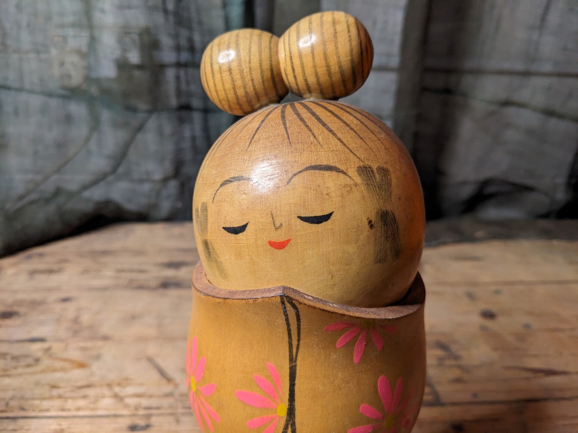 Unusual Japanese Kokeshi Doll in Carved Kimono With Pink Daisy Design