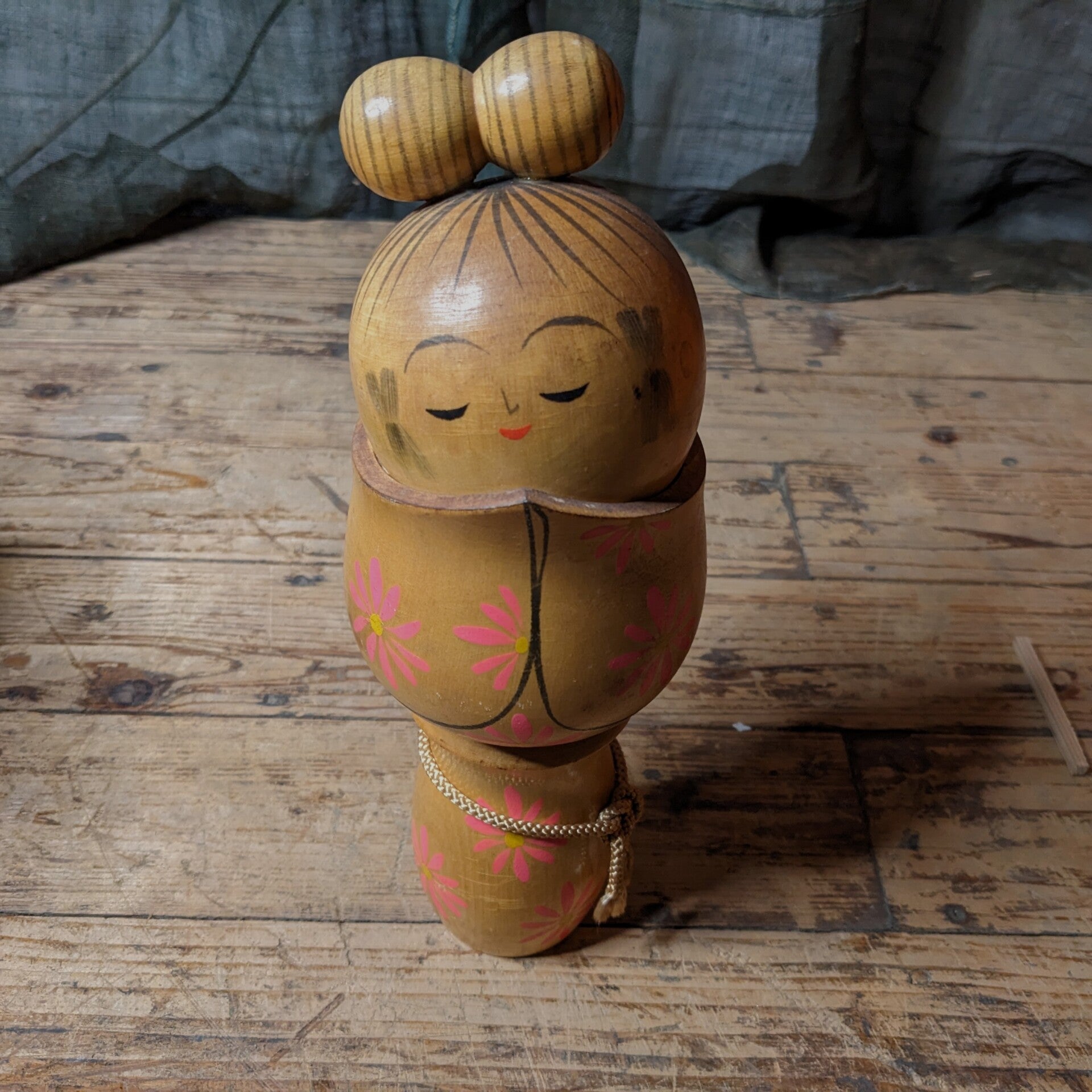 Unusual Japanese Kokeshi Doll in Carved Kimono With Pink Daisy Design