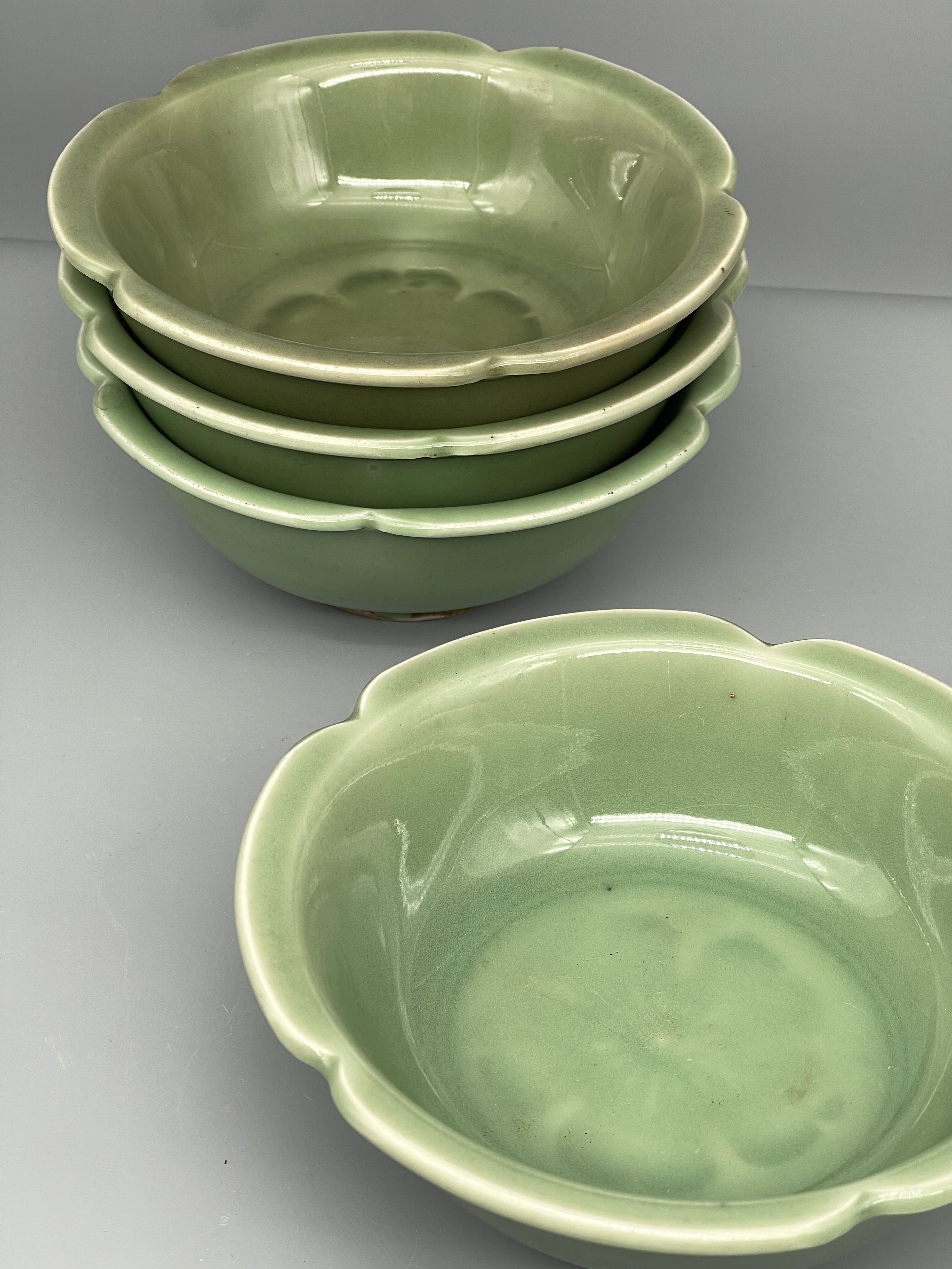 Vintage Japanese celadon lobed dish, single, base mark