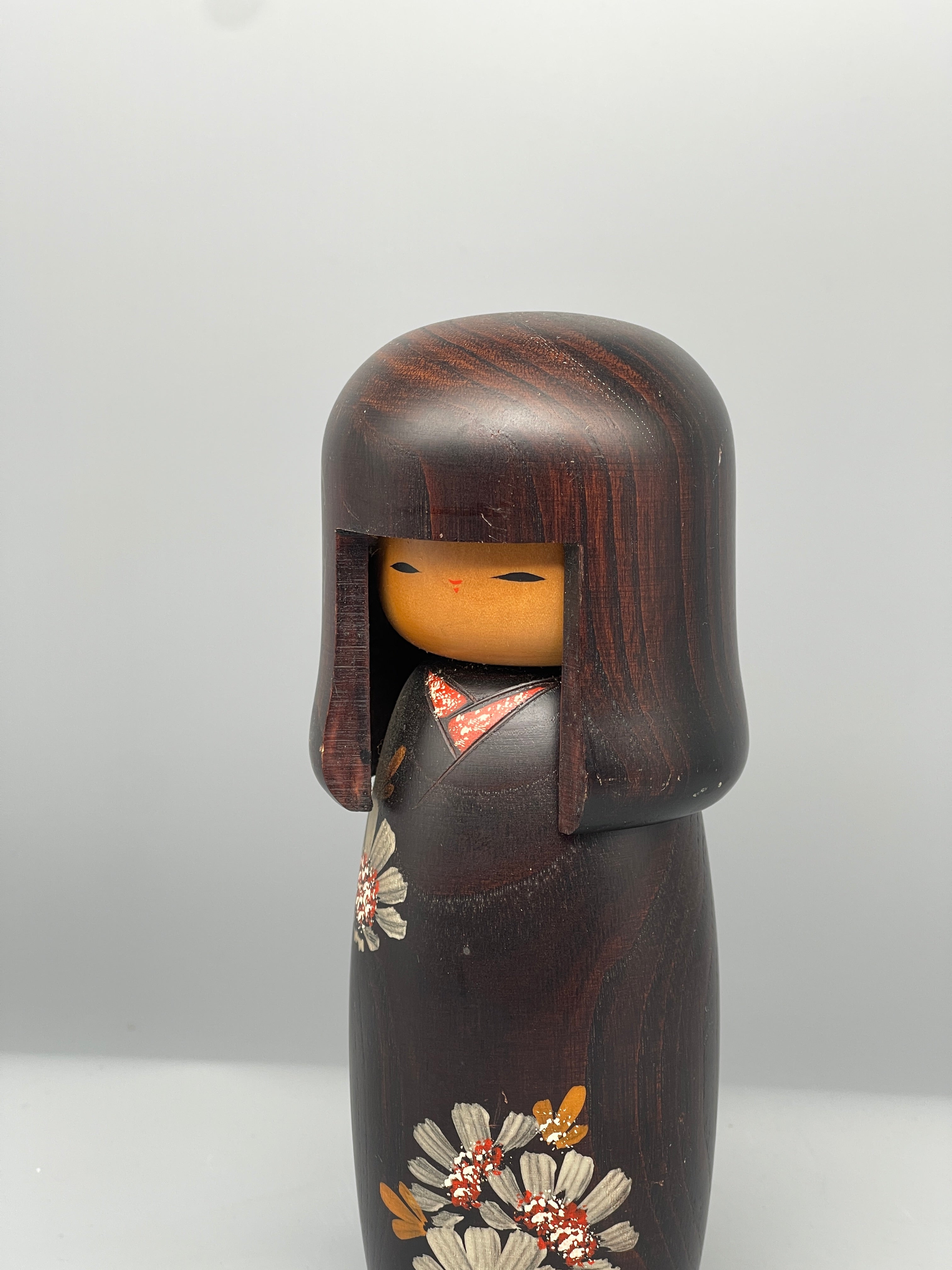 Vintage Japanese Sosaku Kokeshi Doll, Chrysanthemum Motif