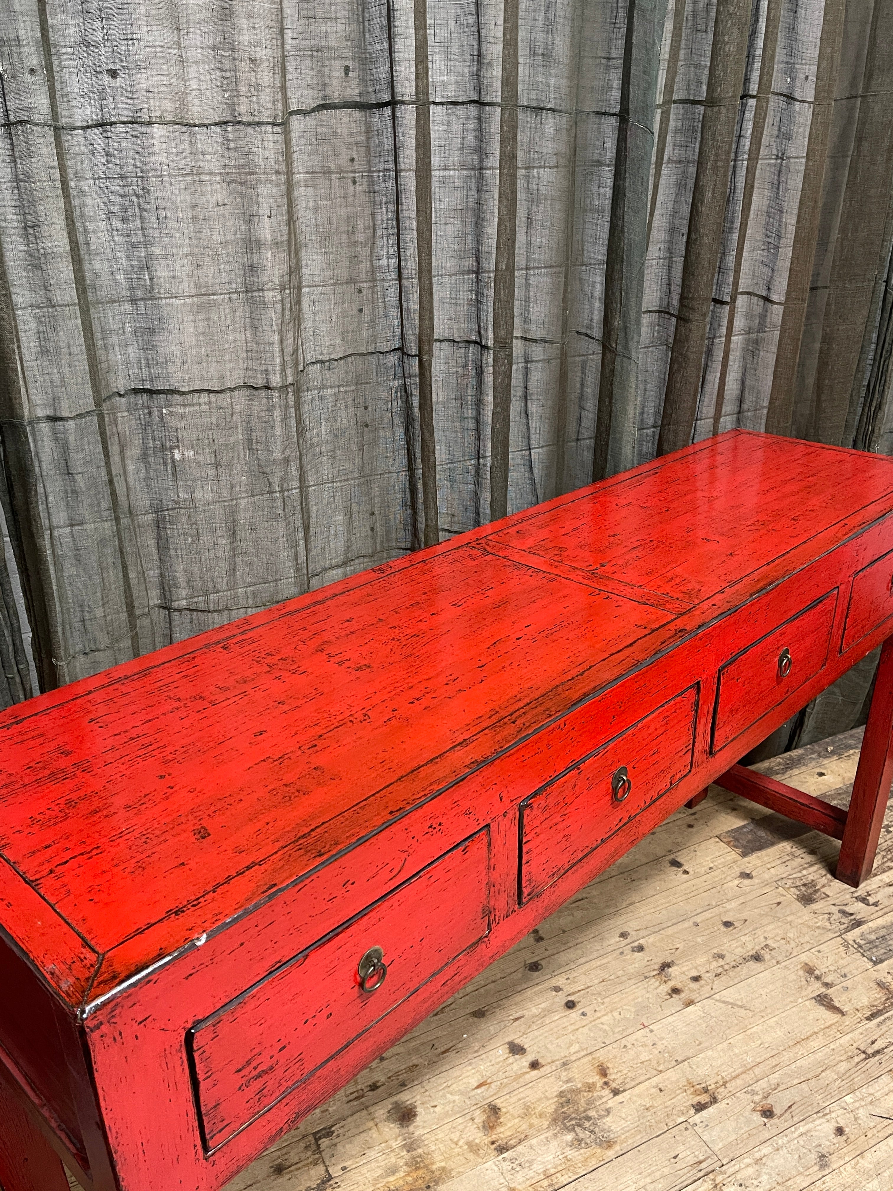 Chinese Red Lacquered 4-Drawer Hall Table