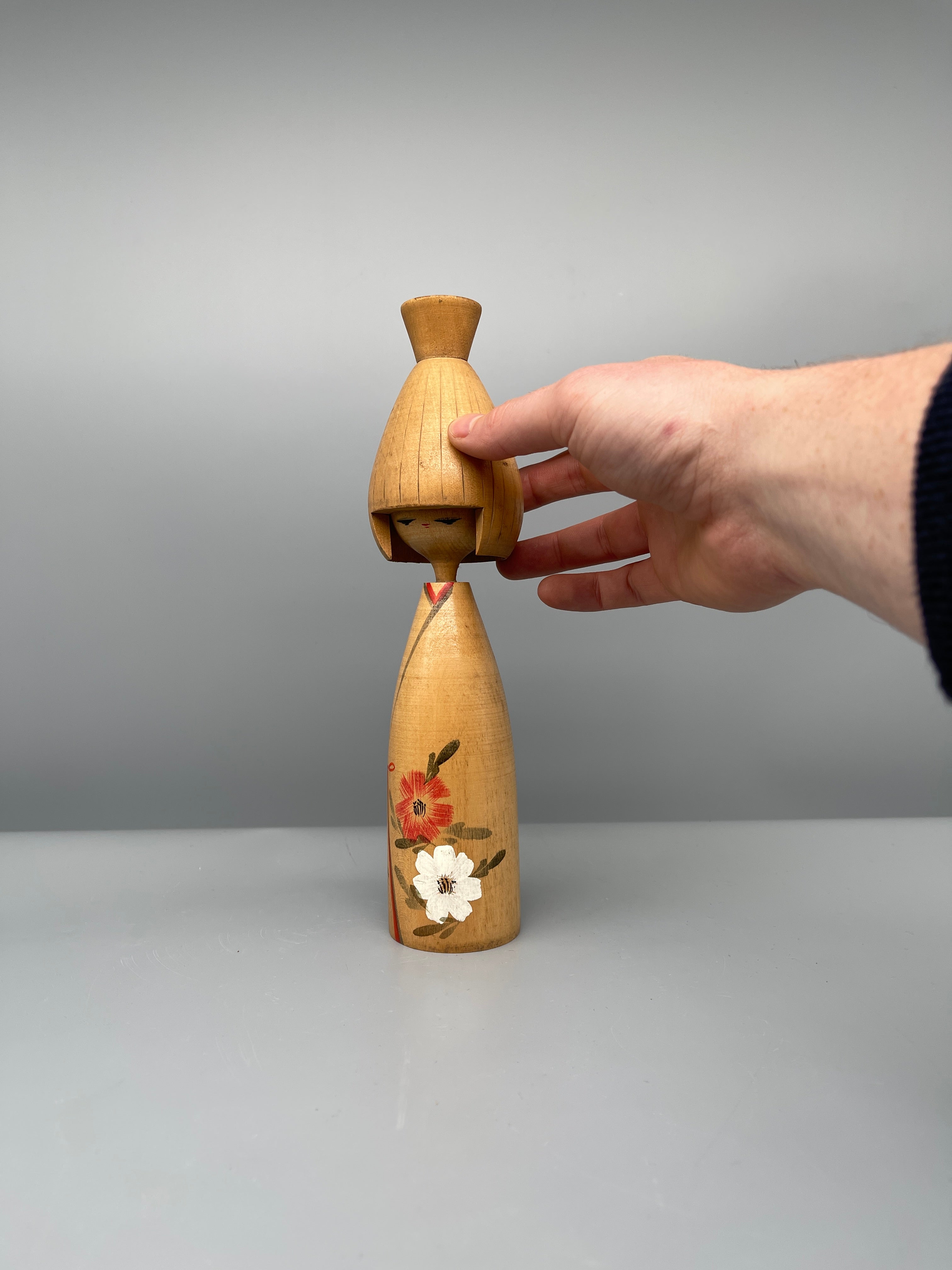 Vintage Japanese Sosaku Kokeshi Doll, Blossom Motif