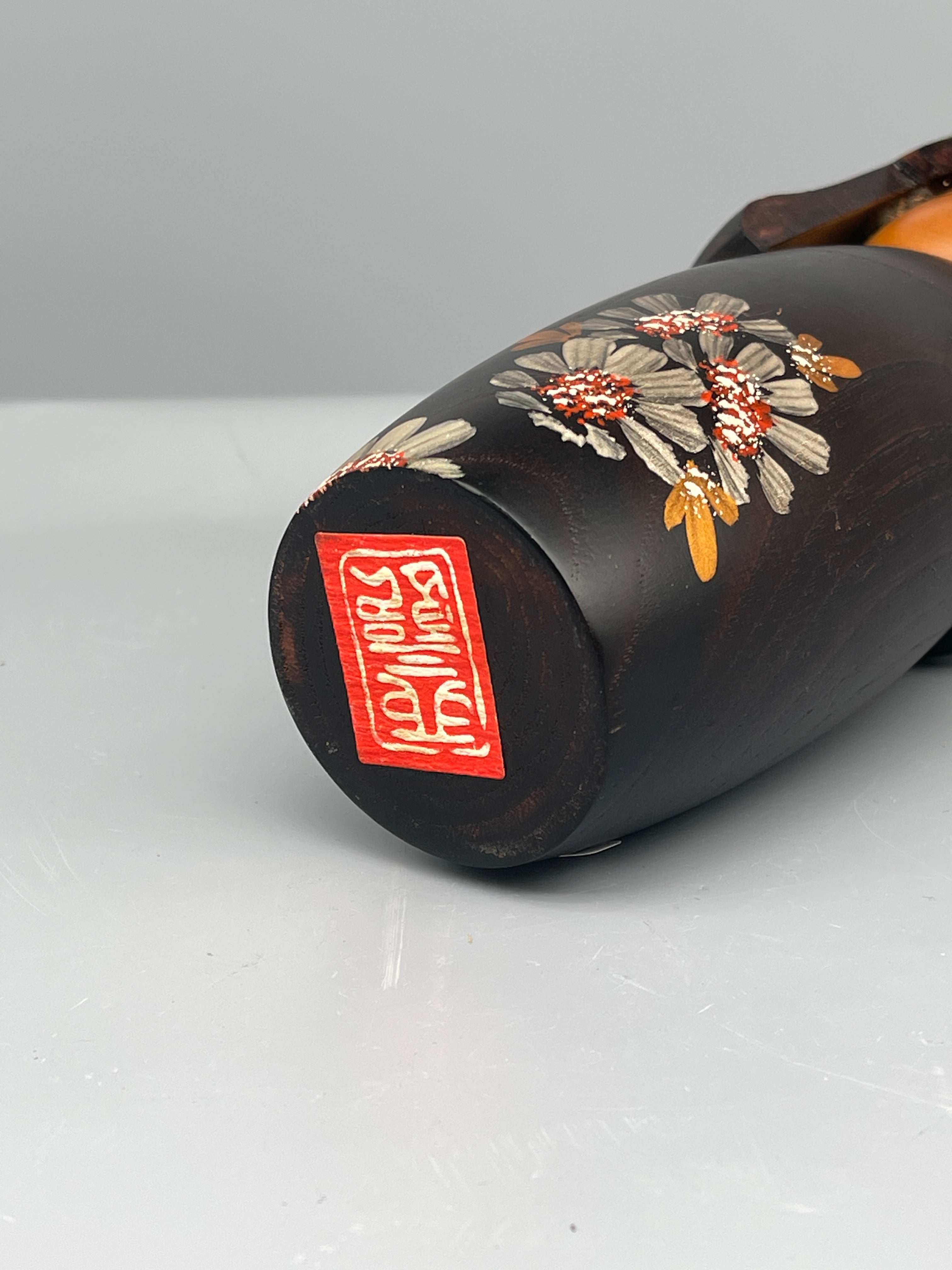 Vintage Japanese Sosaku Kokeshi Doll, Chrysanthemum Motif