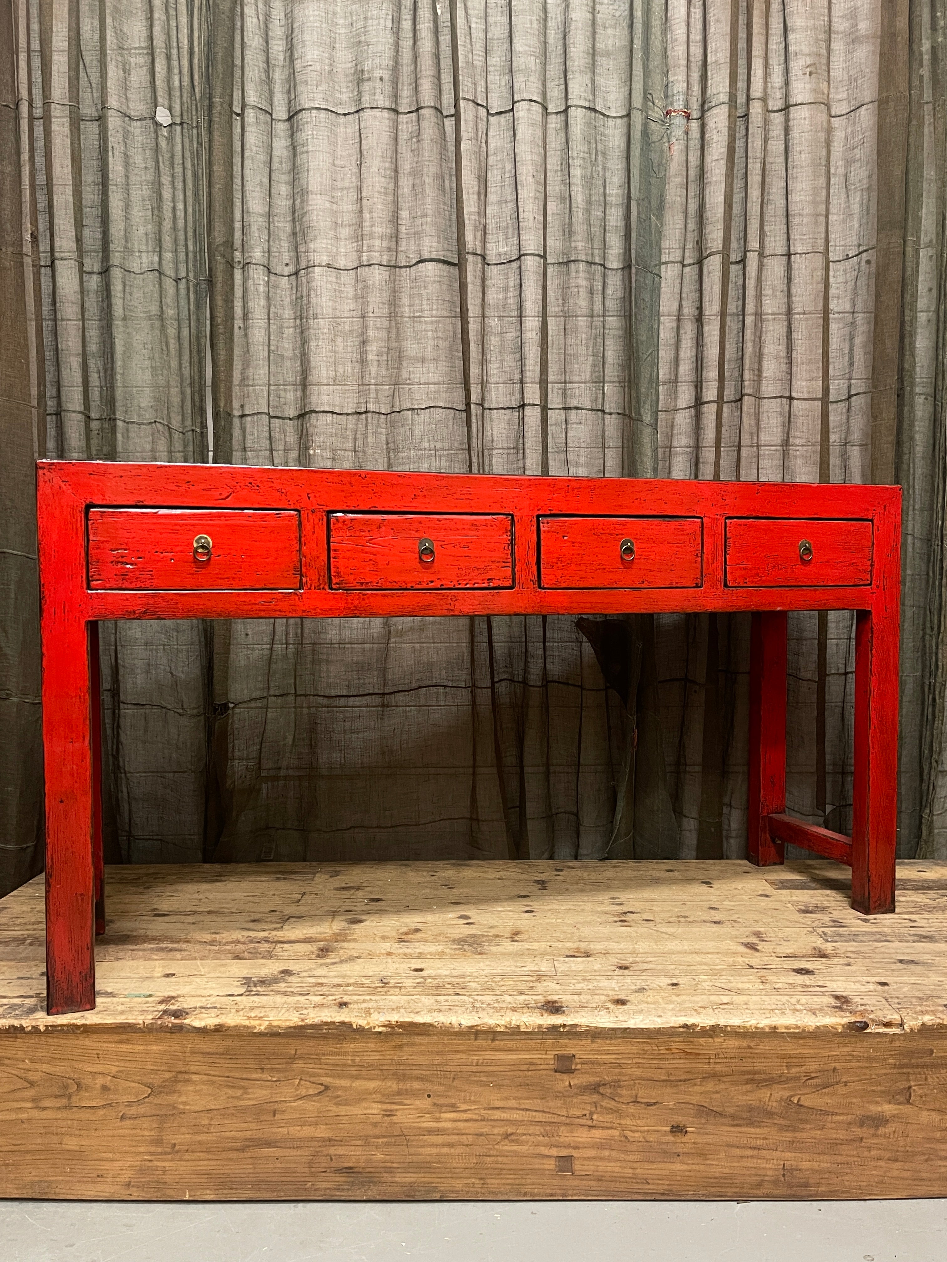 Chinese Red Lacquered 4-Drawer Hall Table