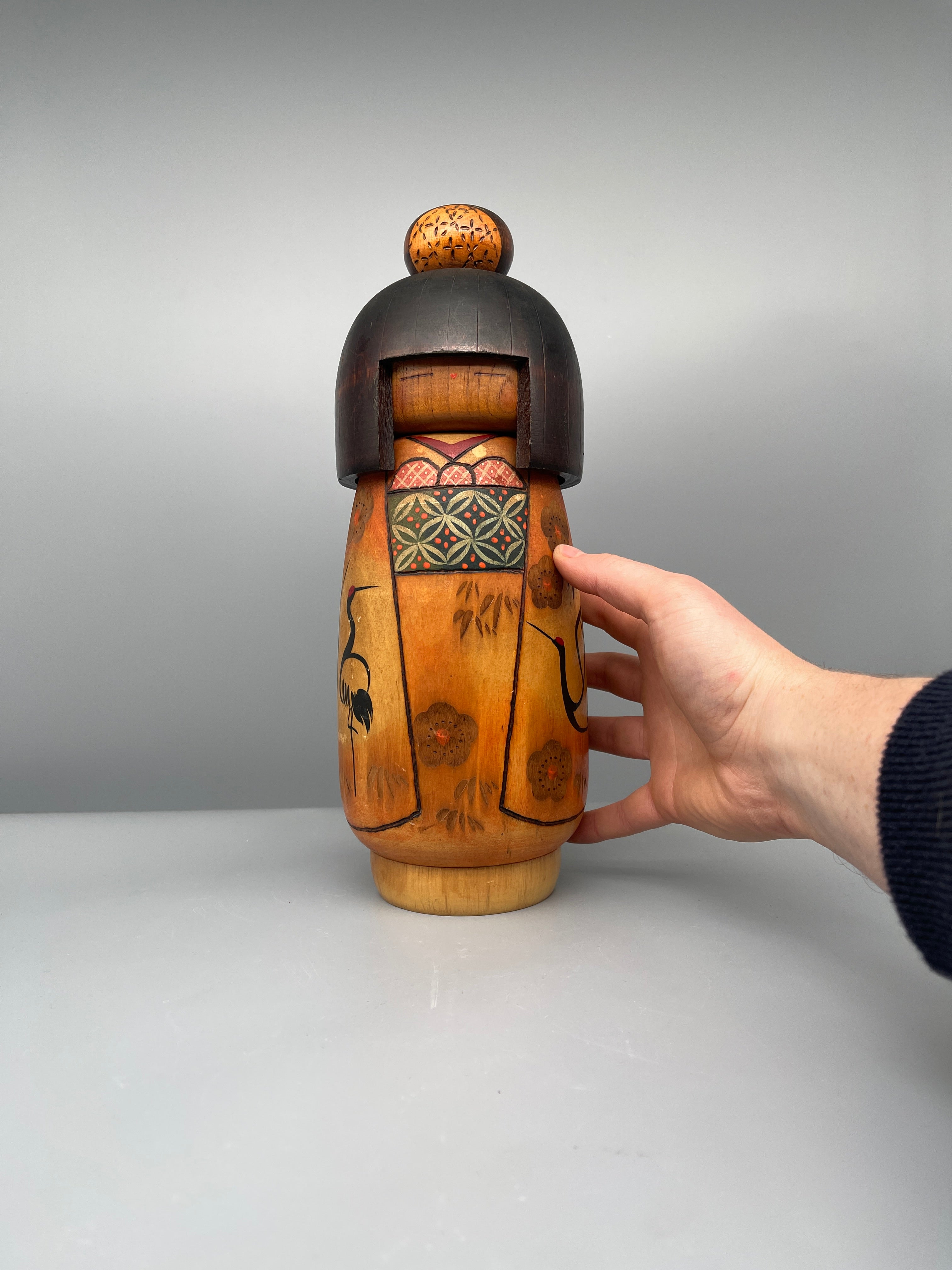 Vintage Japanese Sosaku Kokeshi Doll, Crane Motif