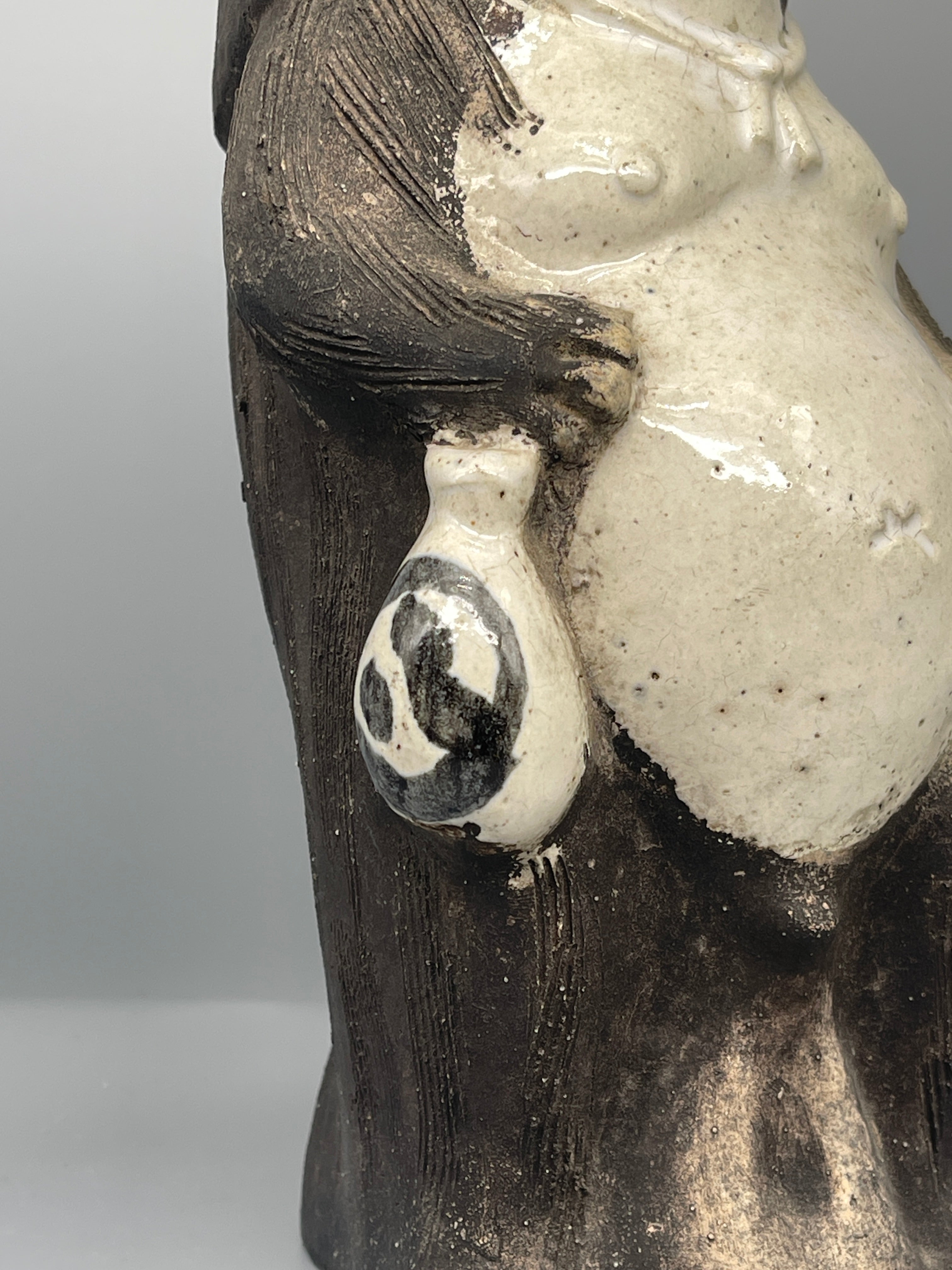 Tall Vintage Japanese Ceramic Tanuki Statue, Black & Cream