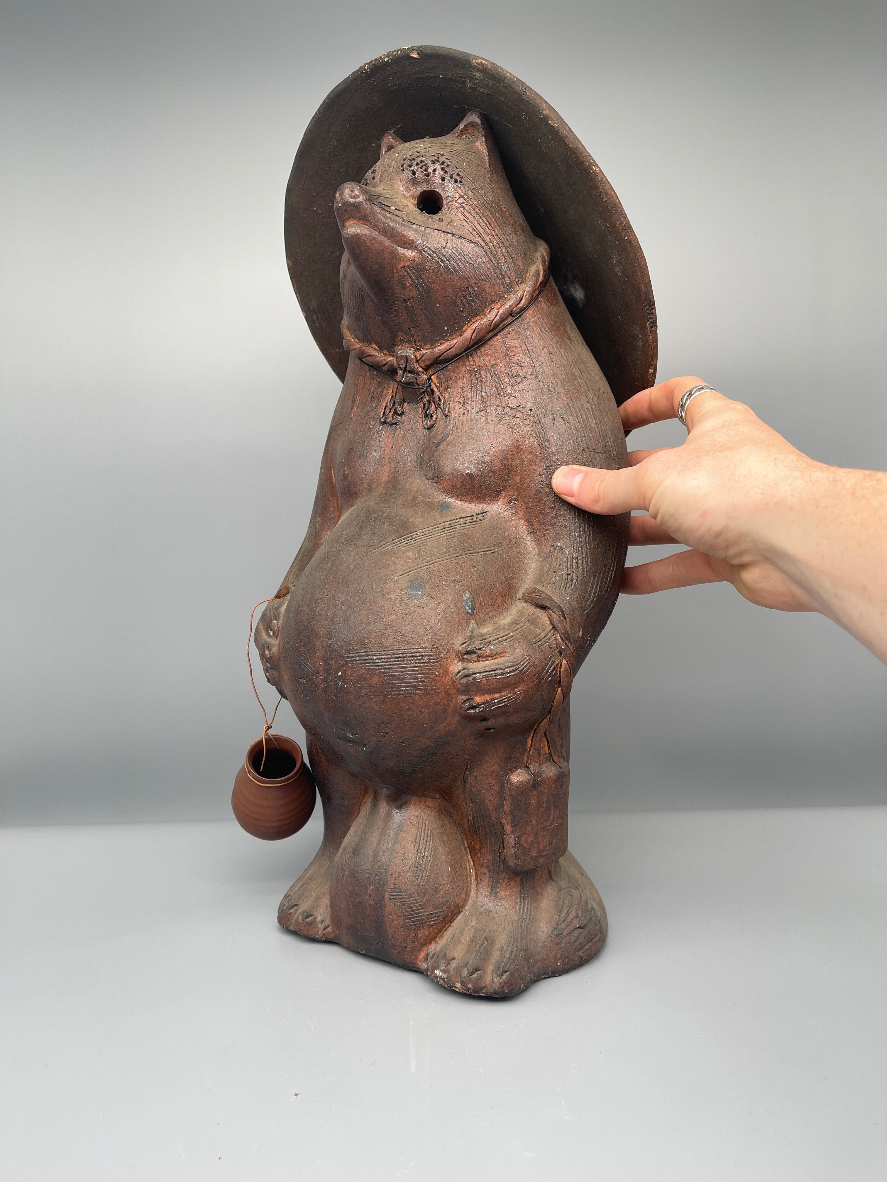 Large Vintage Japanese Ceramic Tanuki Statue, Copper Glaze