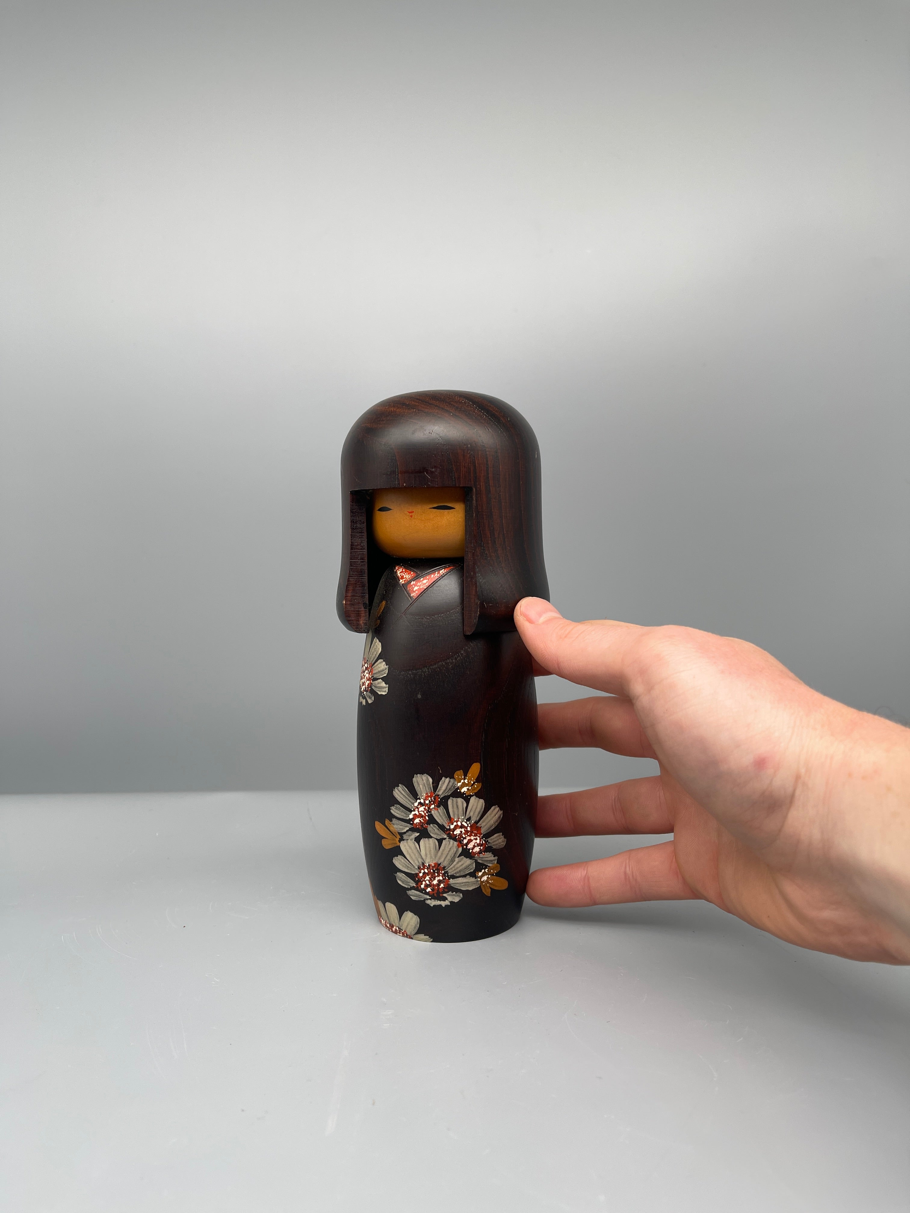 Vintage Japanese Sosaku Kokeshi Doll, Chrysanthemum Motif