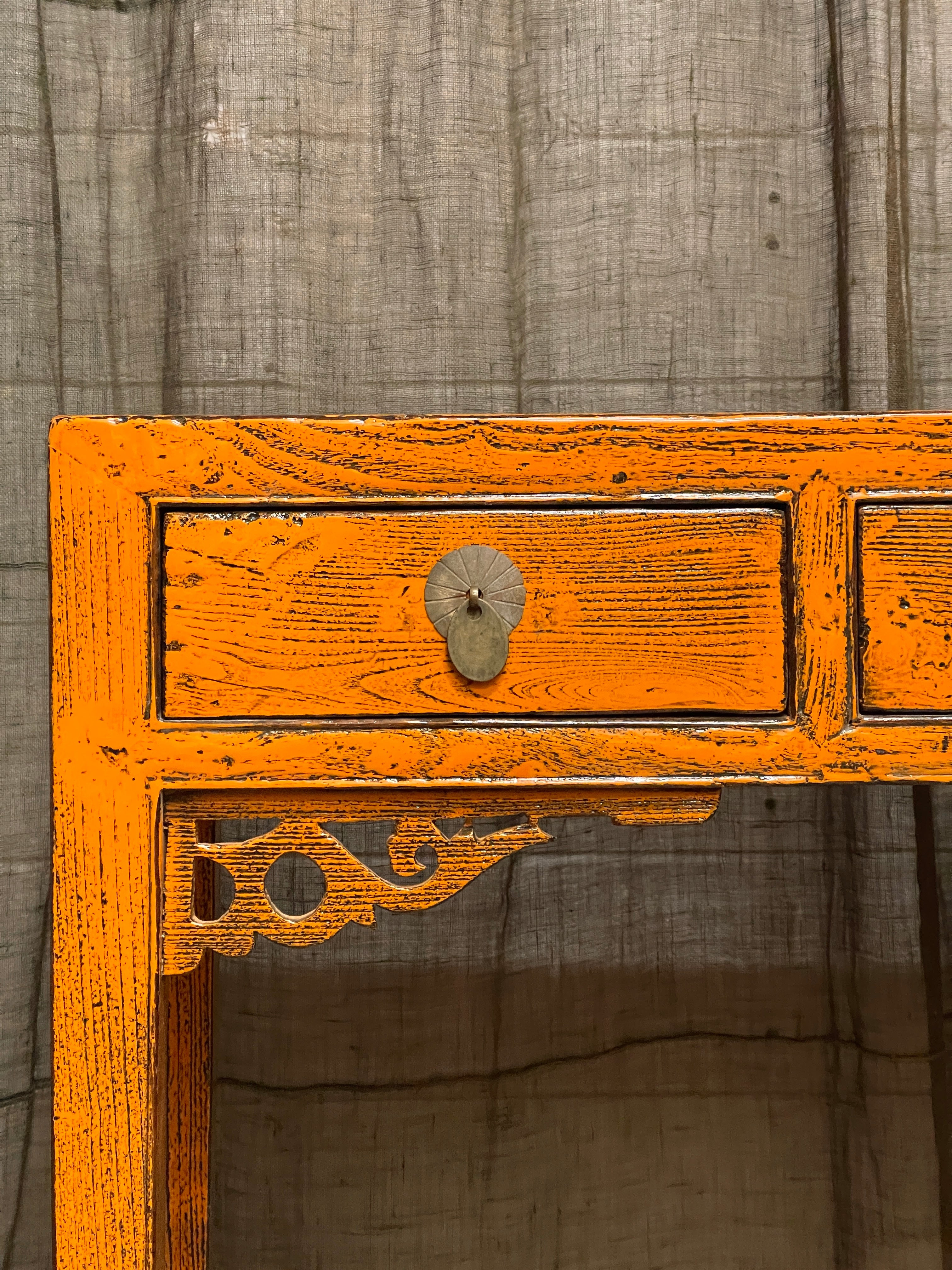 Antique Chinese Yellow Lacquered 3-Drawer Hall Table - Gansu, 1920s