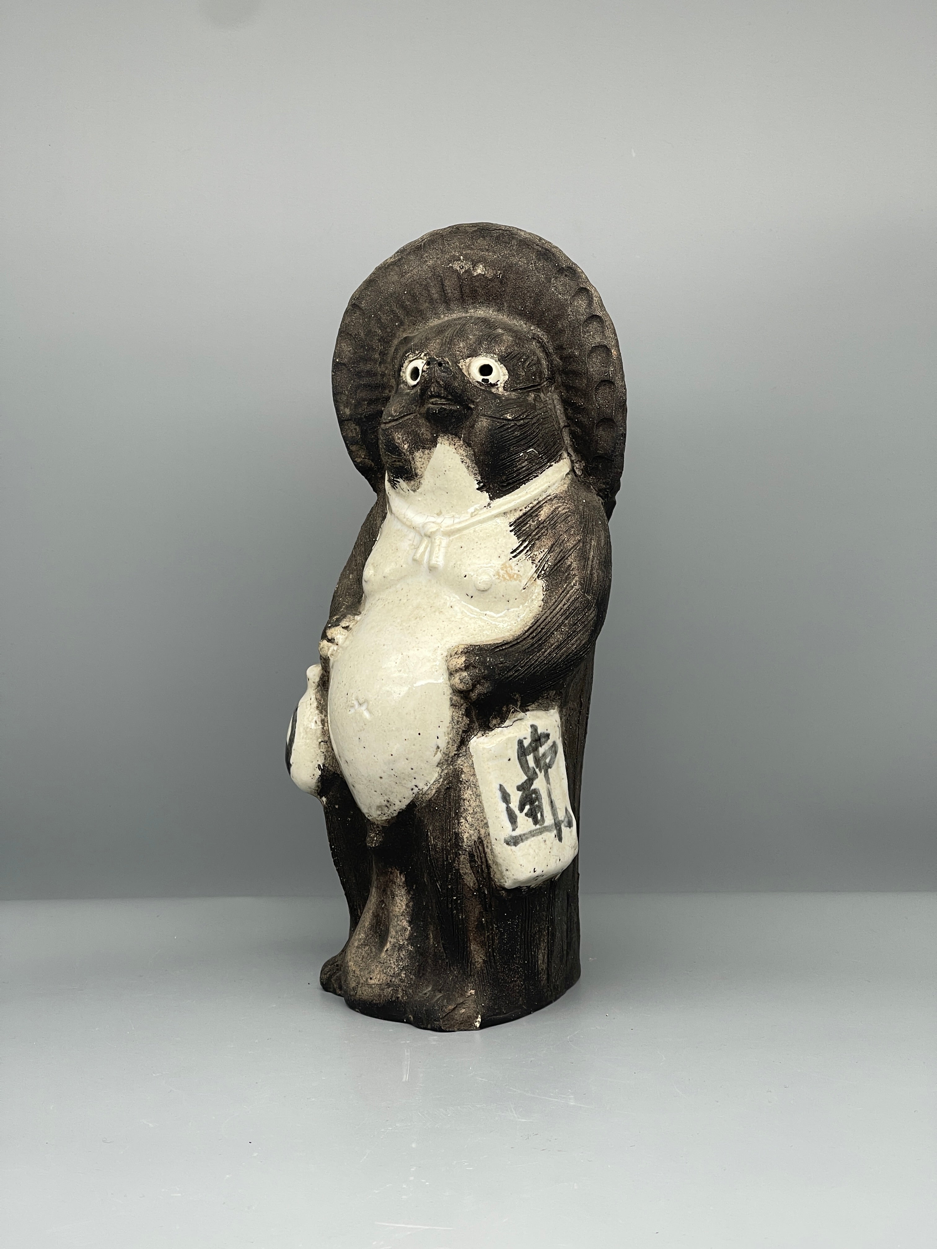 Tall Vintage Japanese Ceramic Tanuki Statue, Black & Cream
