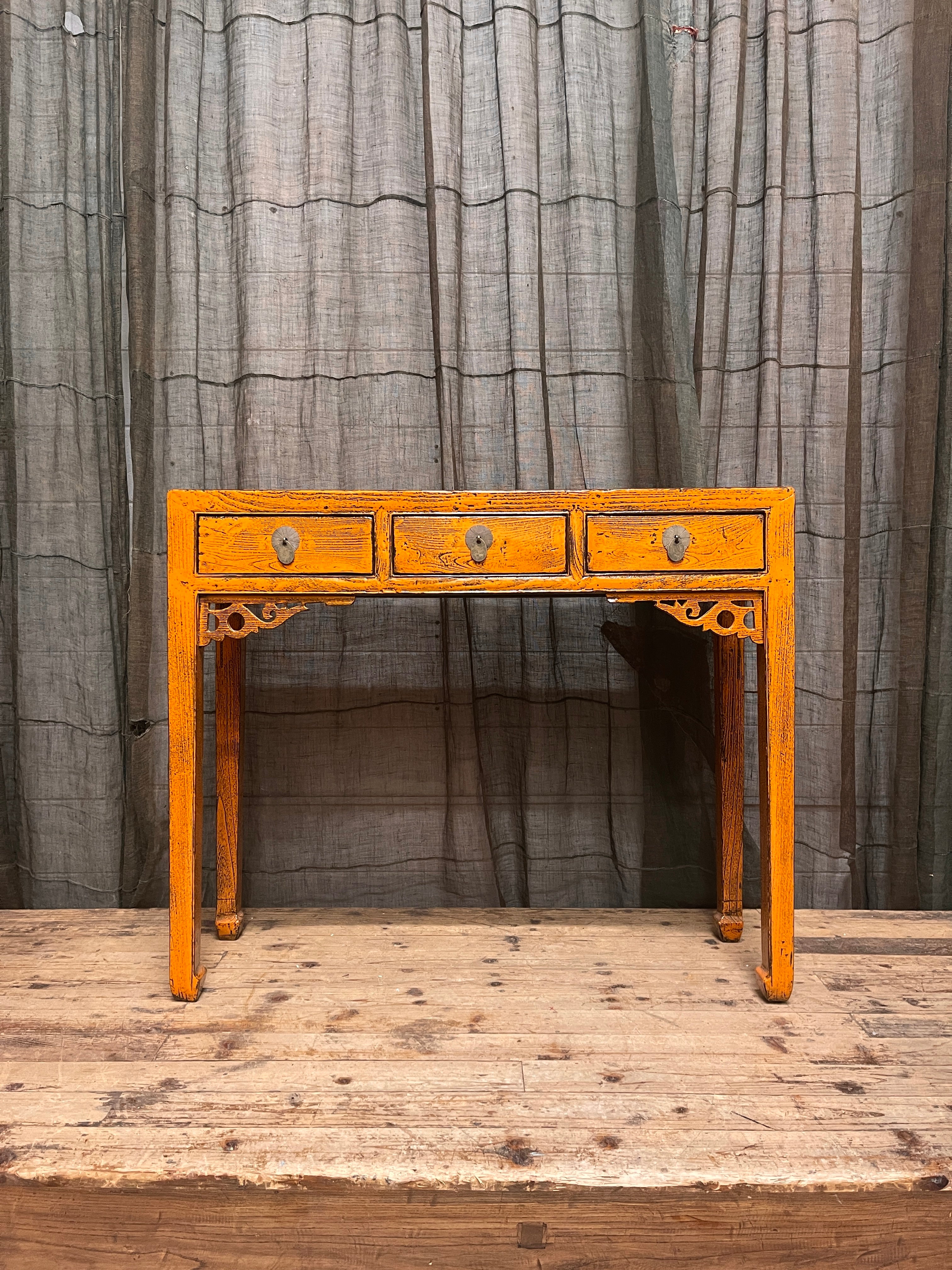 Antique Chinese Yellow Lacquered 3-Drawer Hall Table - Gansu, 1920s