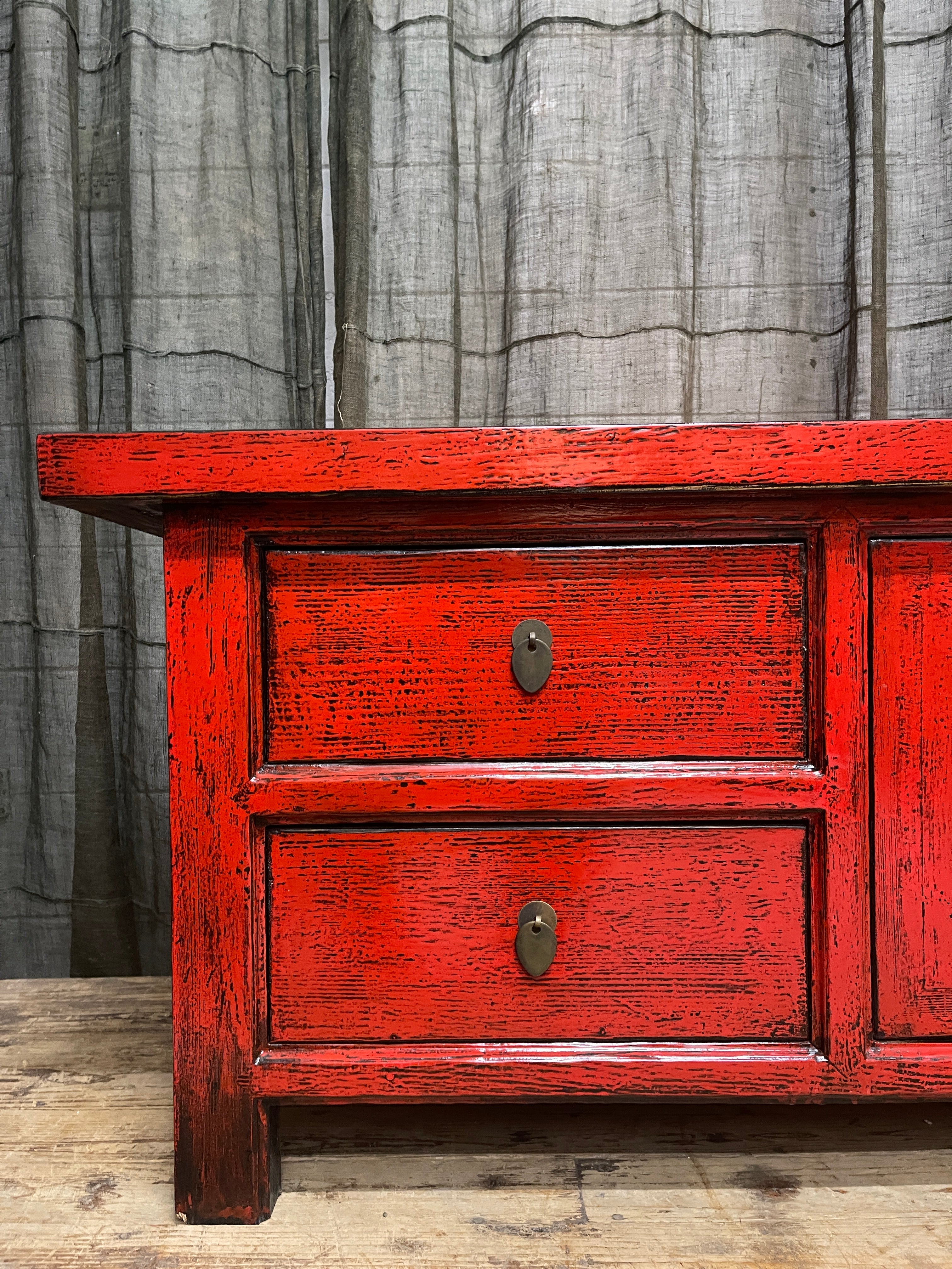 Chinese Red Lacquered Low Cabinet