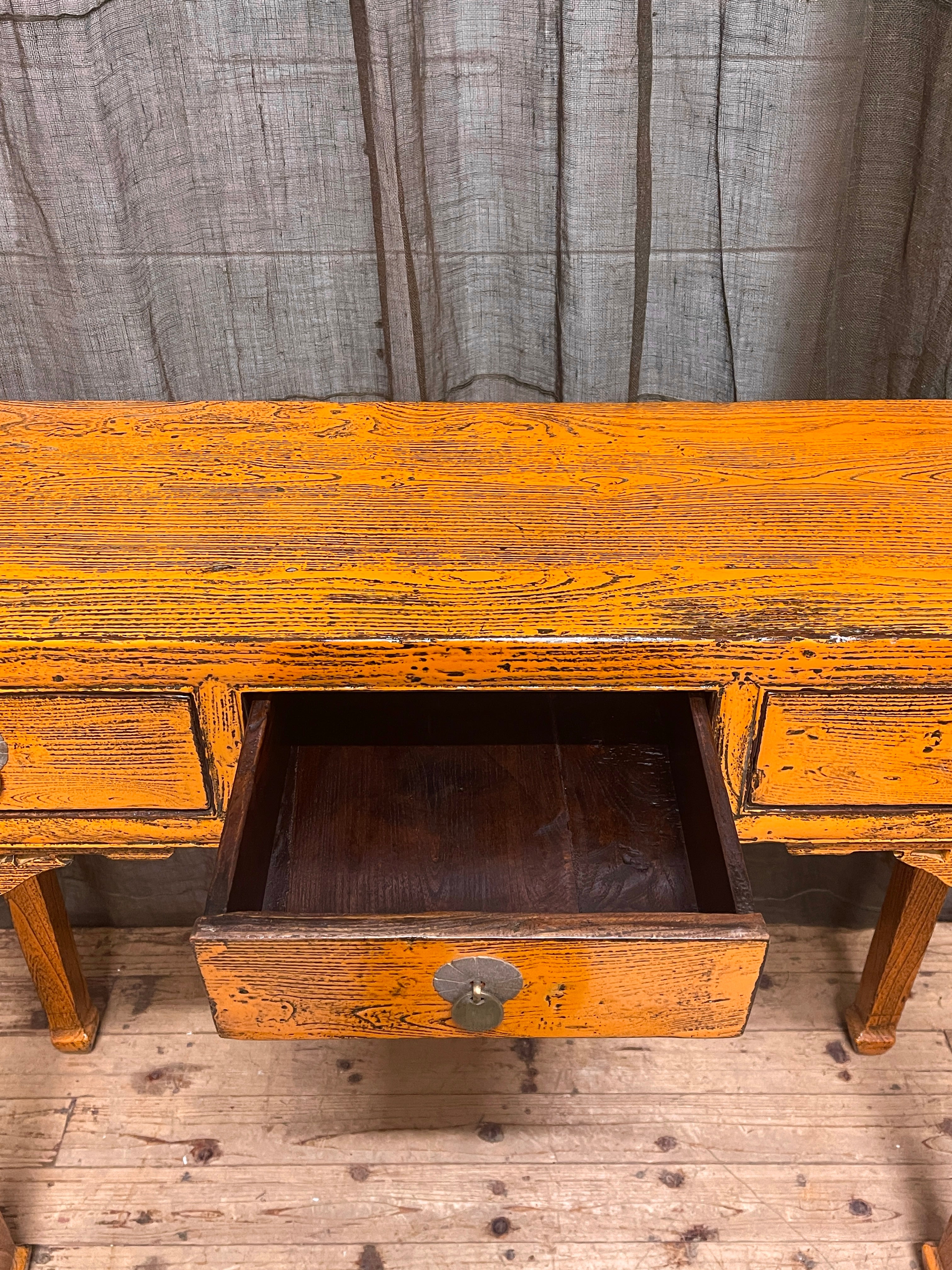 Antique Chinese Yellow Lacquered 3-Drawer Hall Table - Gansu, 1920s