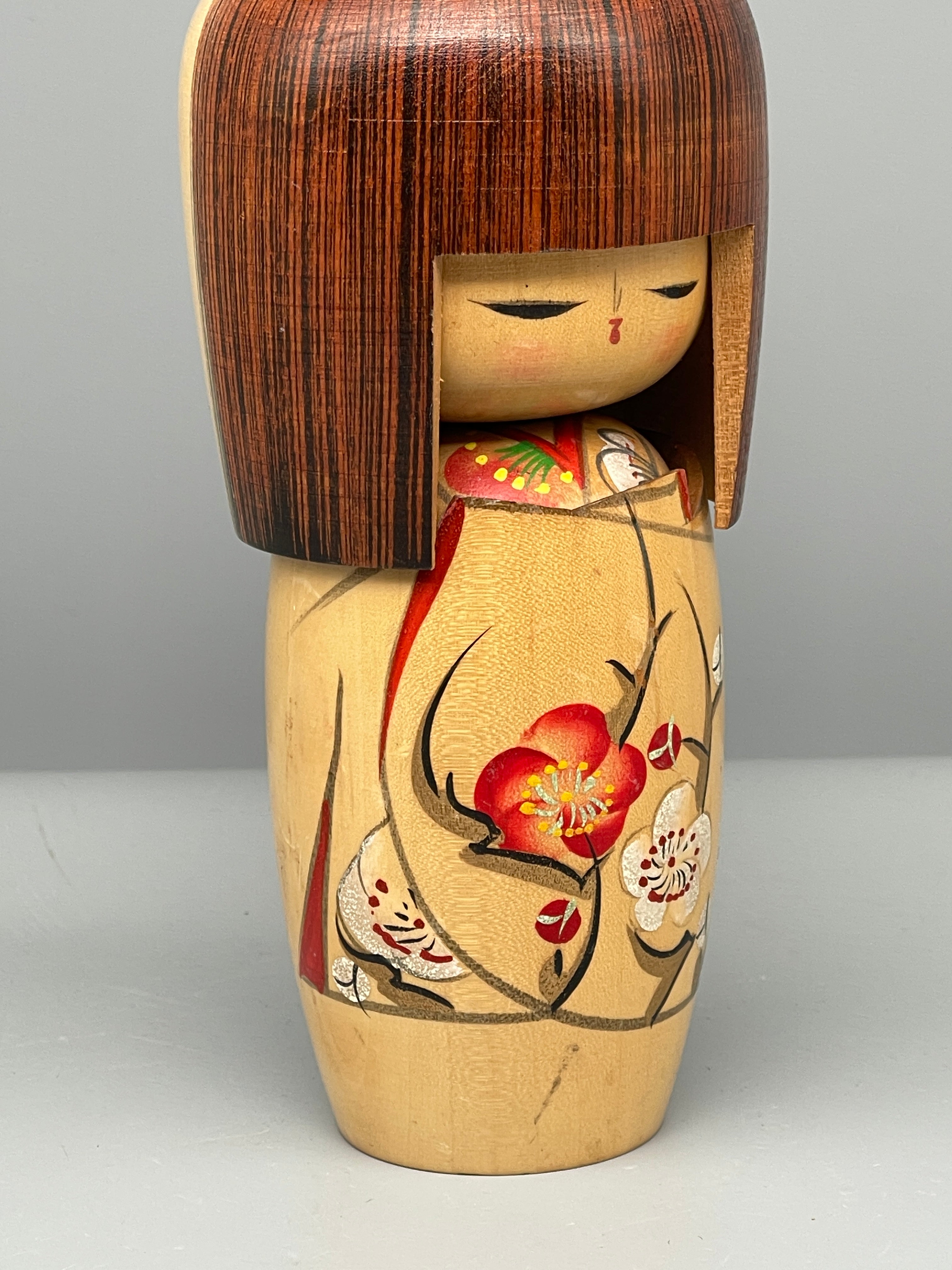 Vintage Japanese Sosaku Kokeshi Doll, Plum Blossom Motif