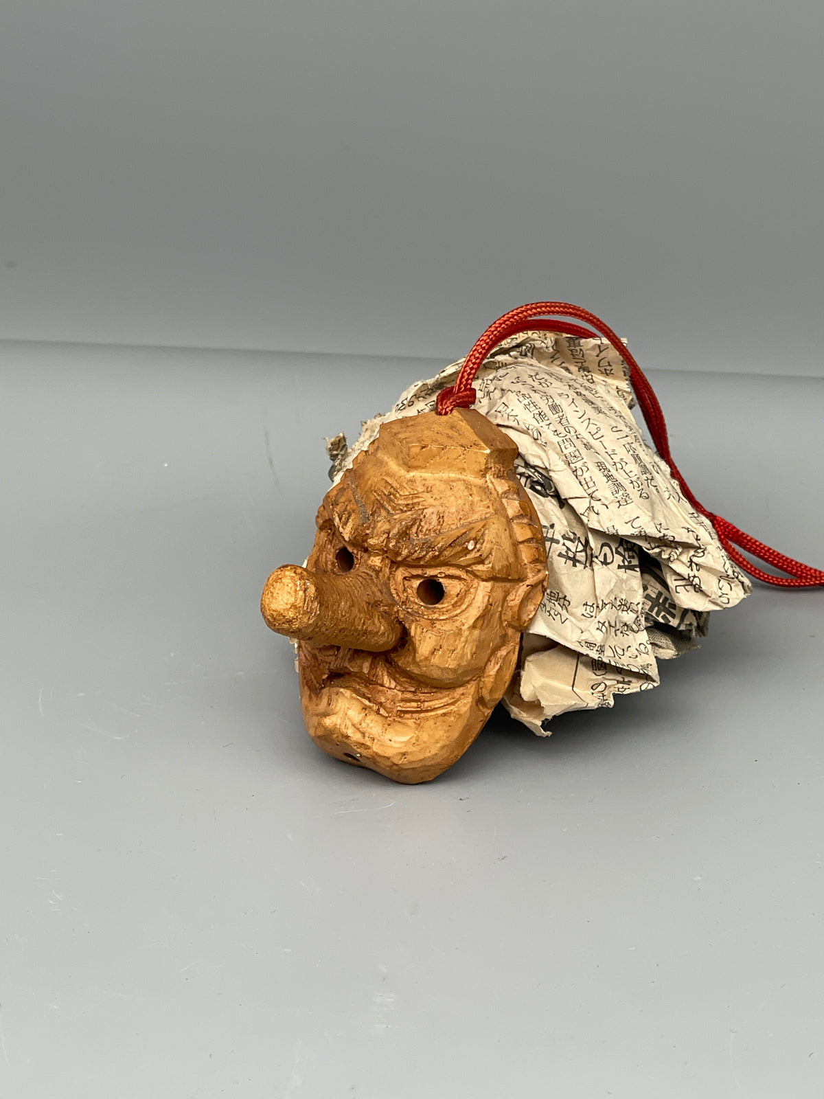 Vintage Japanese carved tengu mask, detail
