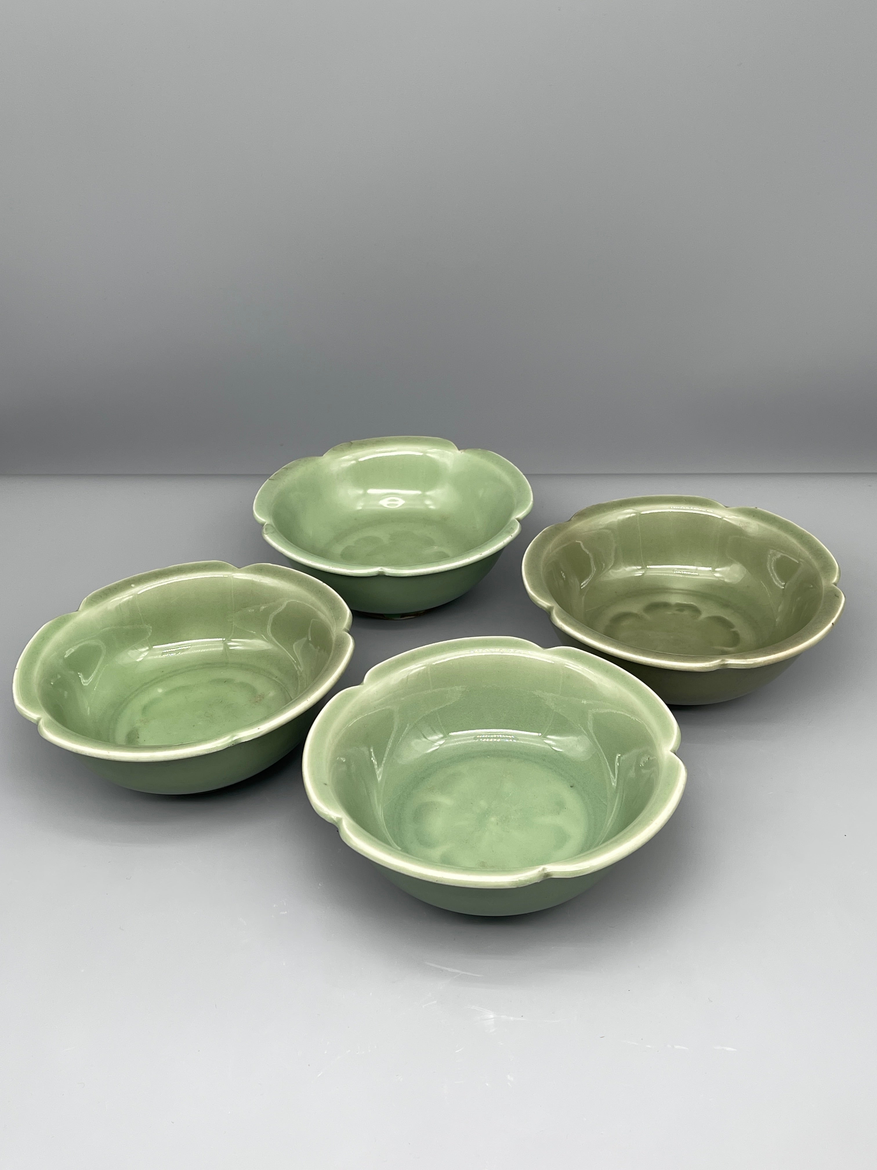 Vintage Japanese celadon lobed dishes, top view