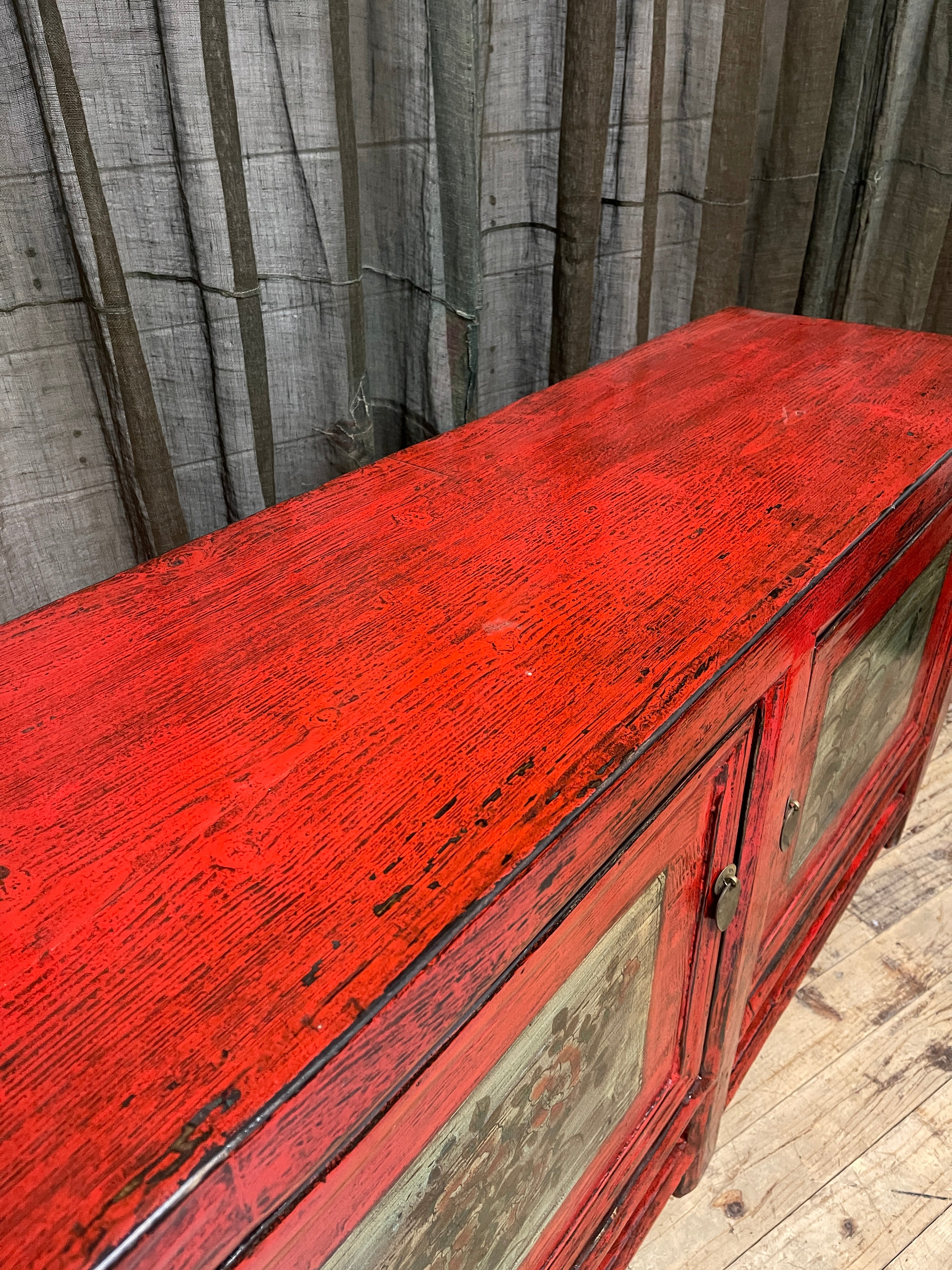 Vintage Chinese Red Lacquered Low Sideboard - Gansu, 1930s