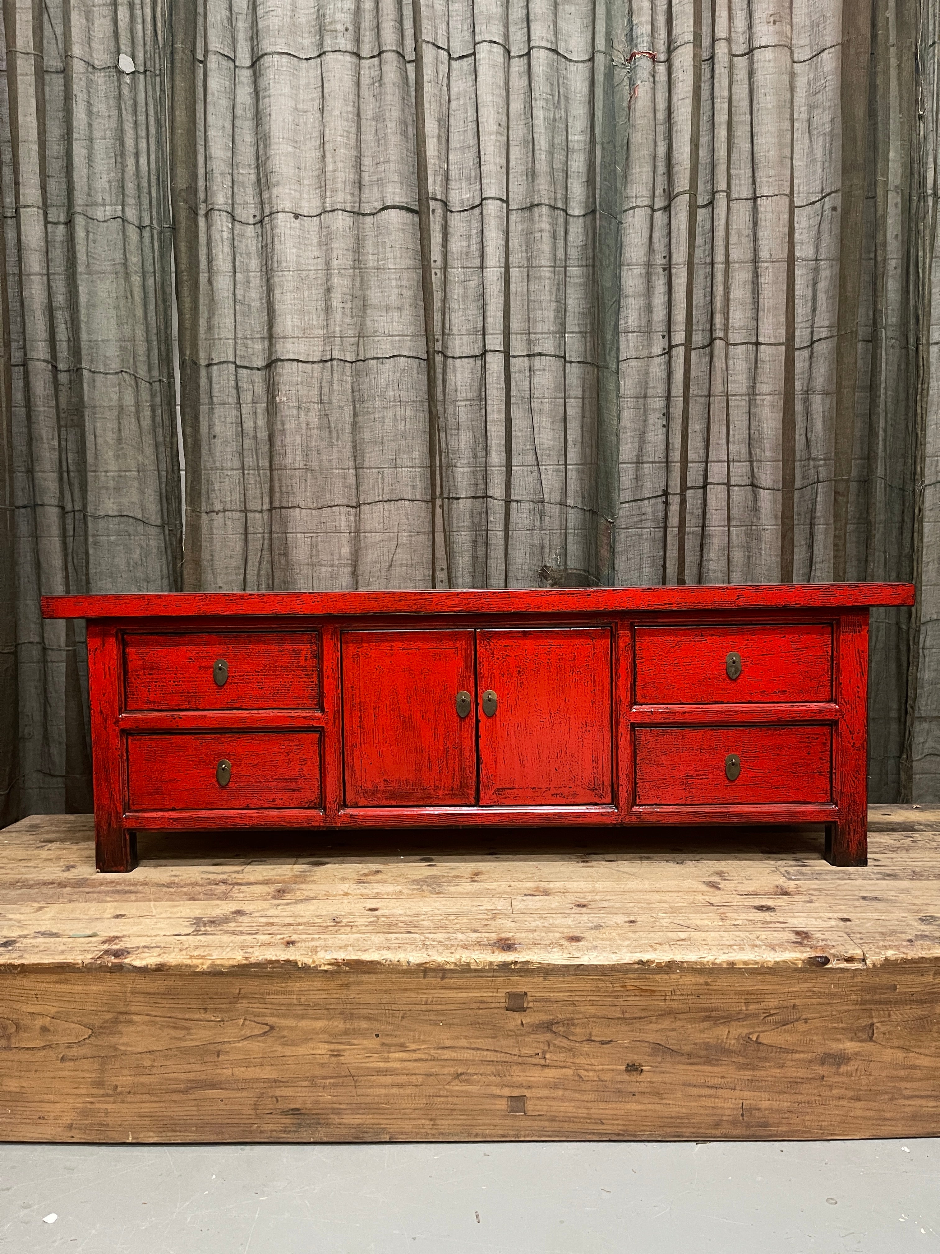 Chinese Red Lacquered Low Cabinet