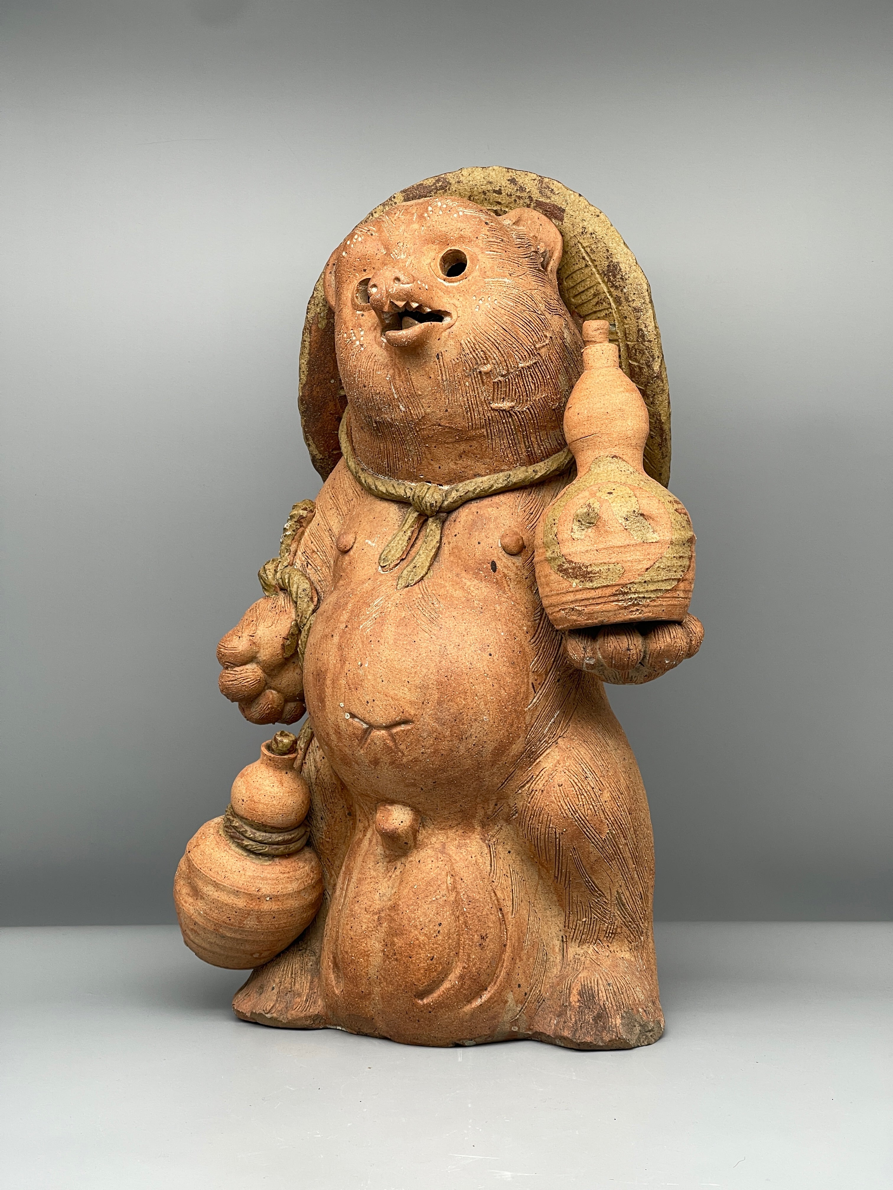 Large Vintage Japanese Ceramic Tanuki Statue, Unglazed