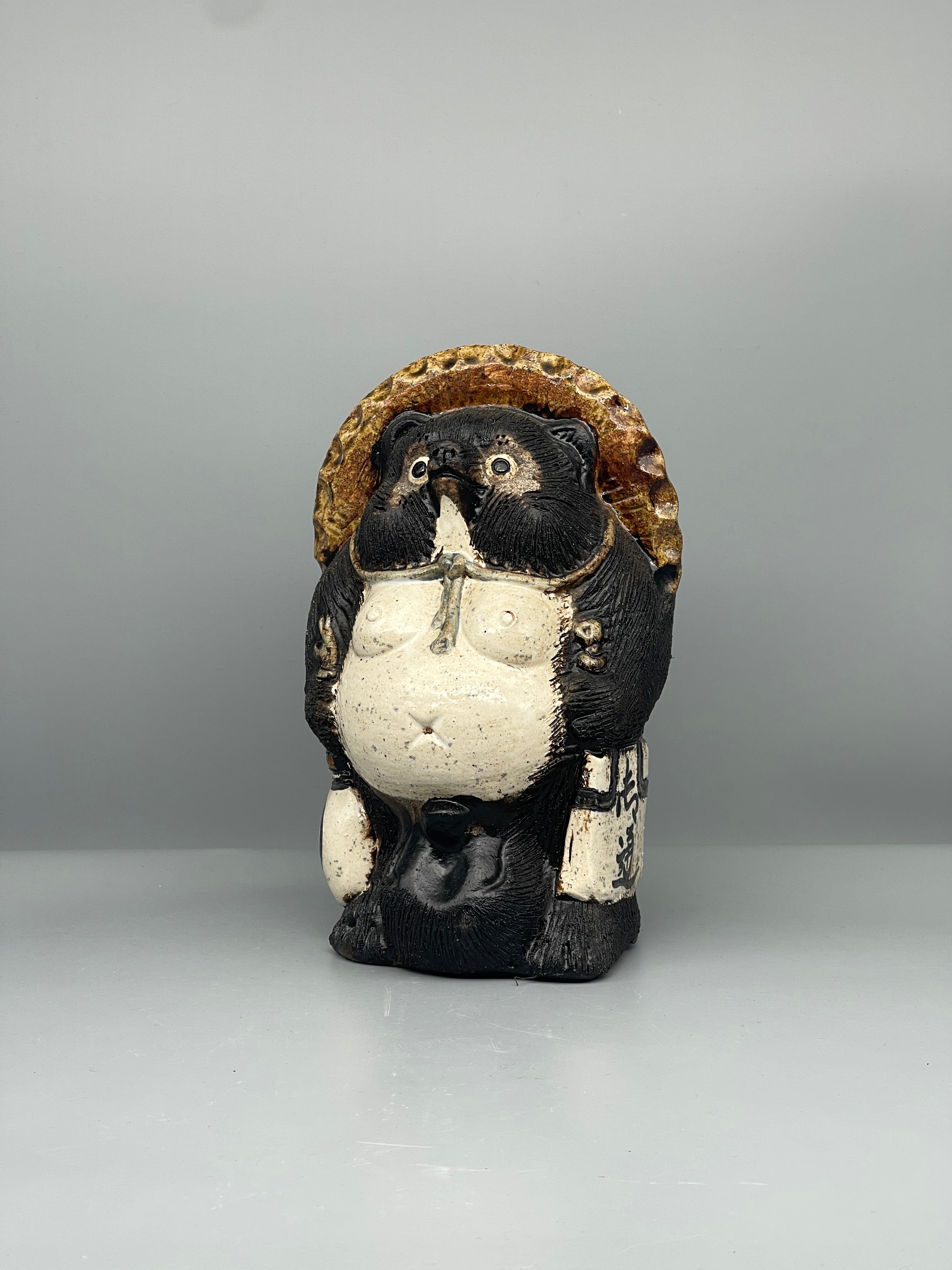 Vintage Japanese Ceramic Tanuki Statue, Black & Cream